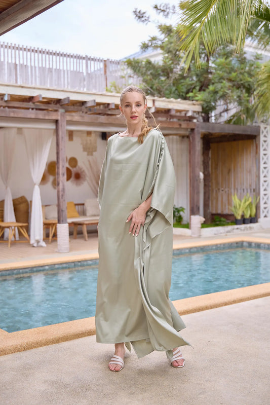 Button at Shoulder Green Sage Vintage silk charmeuse Kaftan Dress