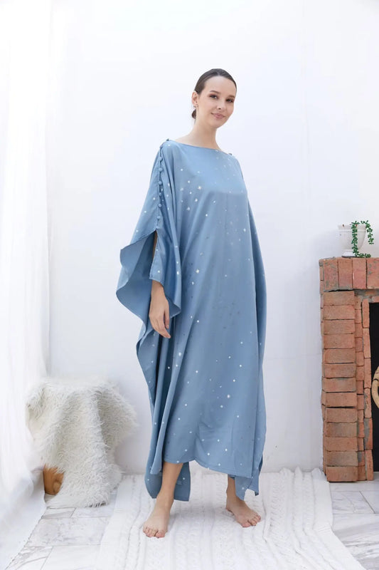 Button at Shoulder Little Fairy Baby Blue Silk Kaftan Dress Women Plus Size