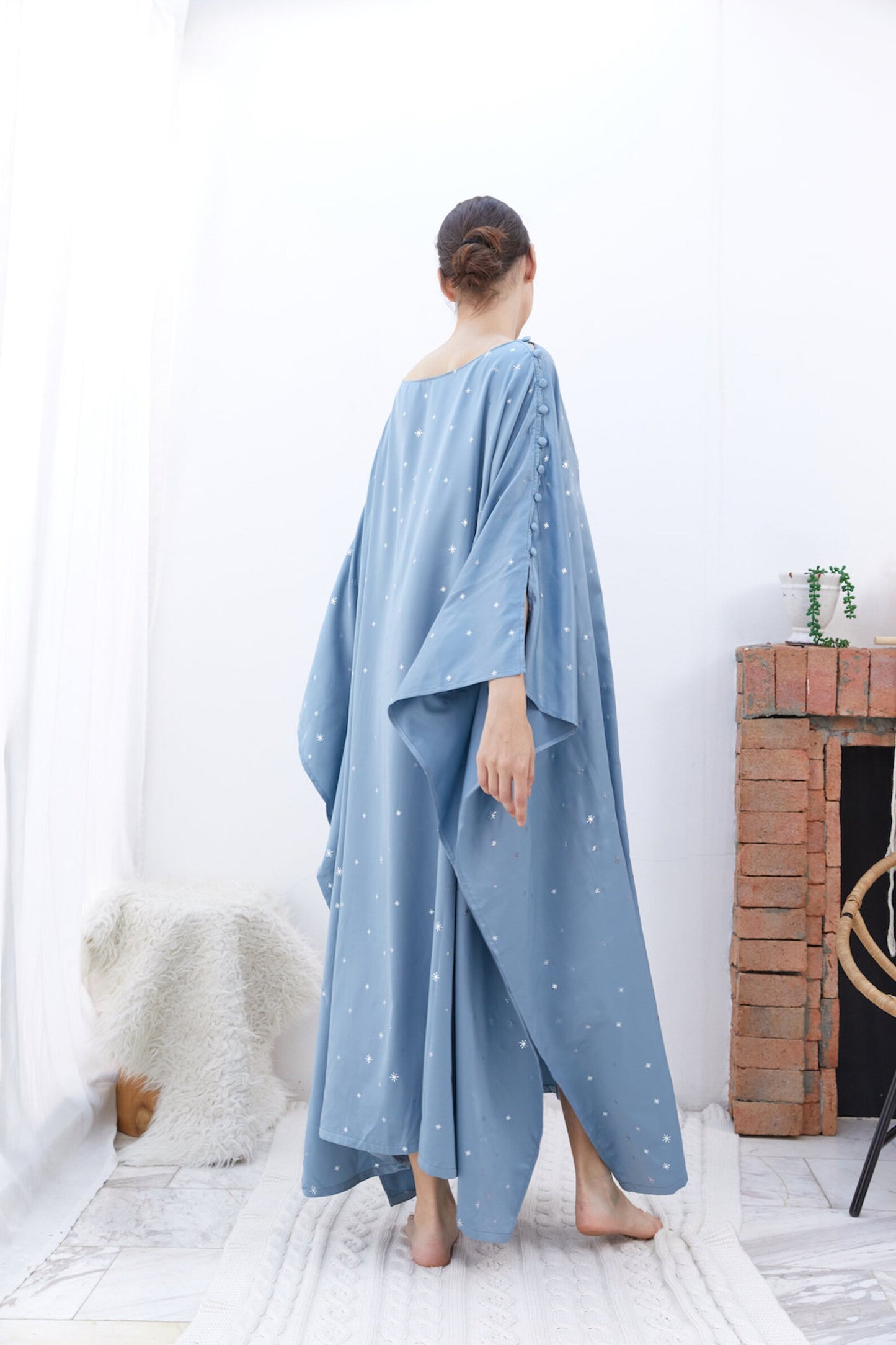 Button at Shoulder Little Fairy Baby Blue Silk Kaftan Dress Women Plus Size