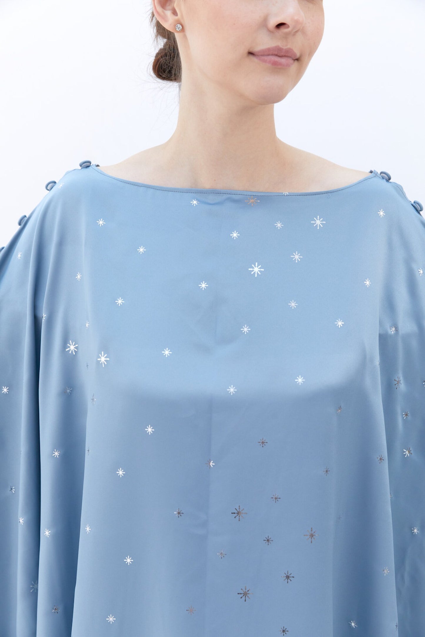 Button at Shoulder Little Fairy Baby Blue Silk Kaftan Dress Women Plus Size