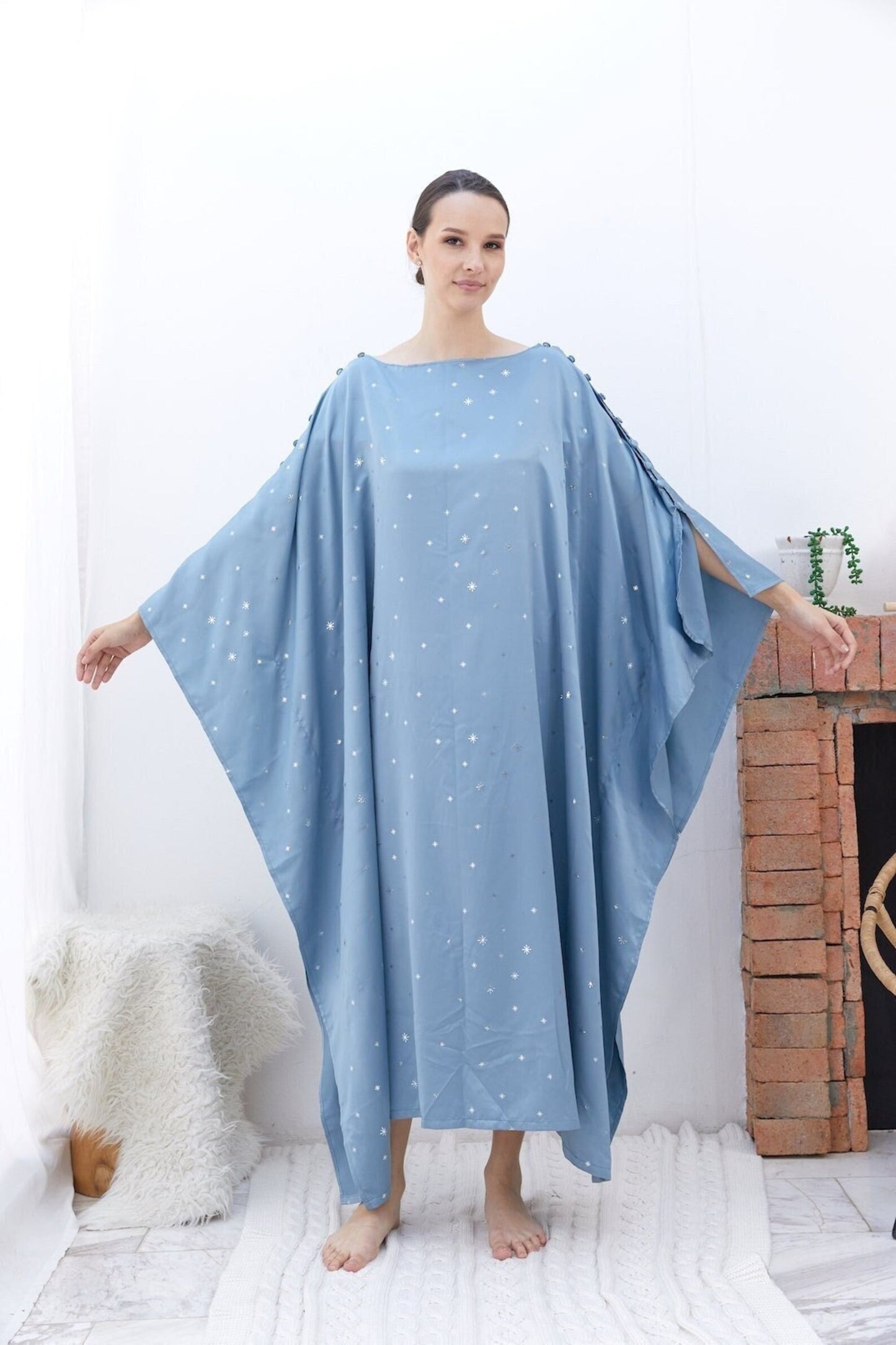 Button at Shoulder Little Fairy Baby Blue Silk Kaftan Dress Women Plus Size