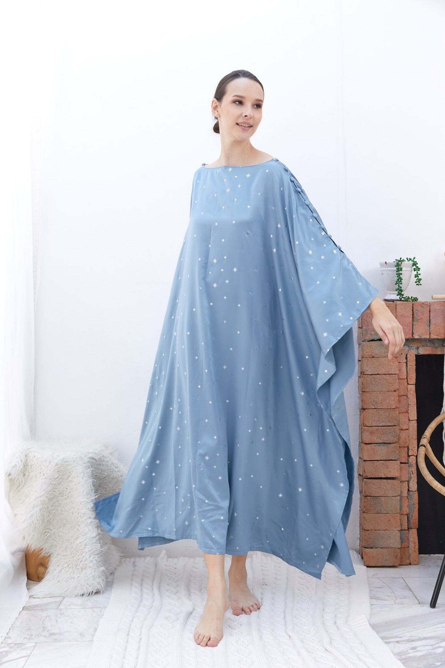 Button at Shoulder Little Fairy Baby Blue Silk Kaftan Dress Women Plus Size