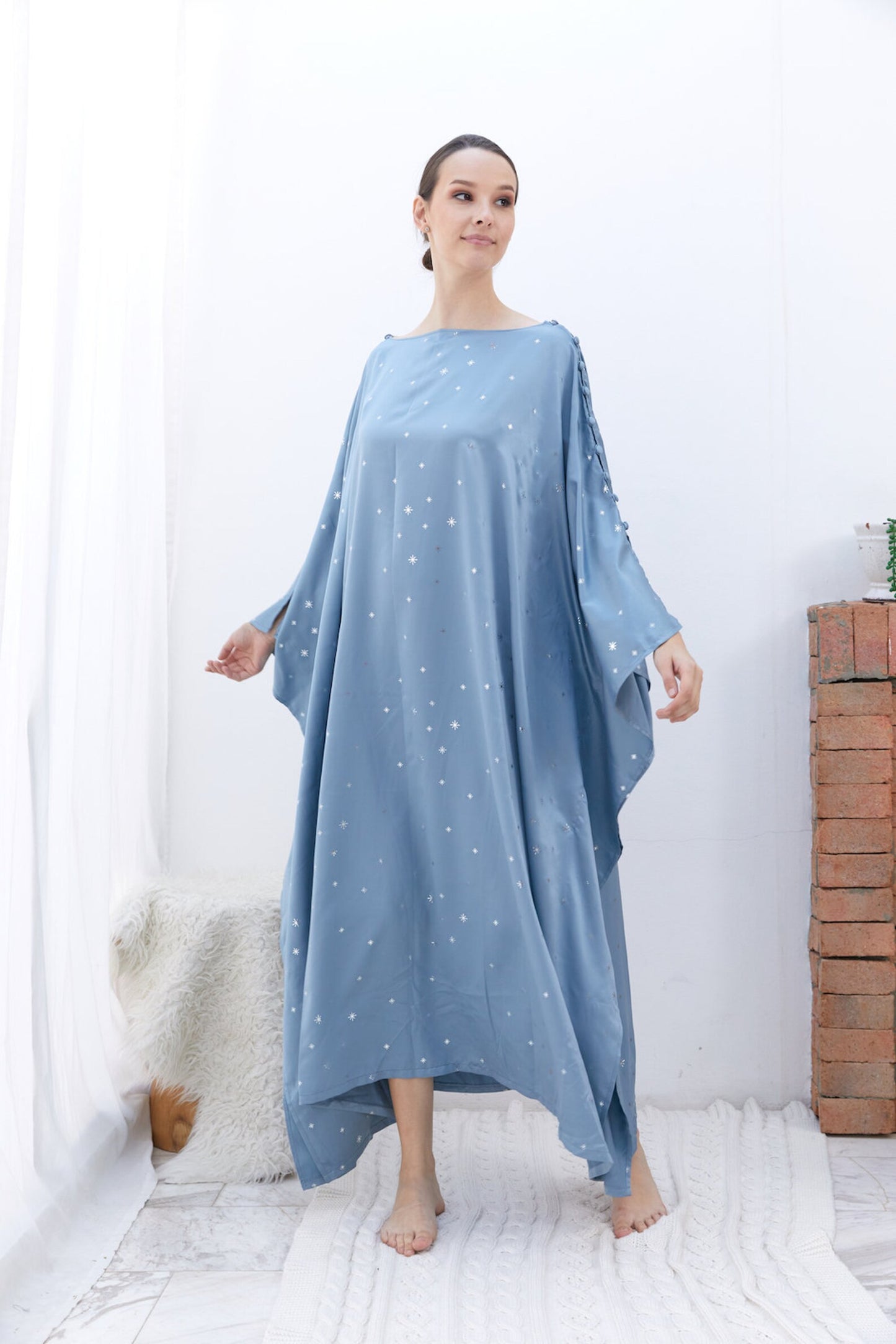 Button at Shoulder Little Fairy Baby Blue Silk Kaftan Dress Women Plus Size