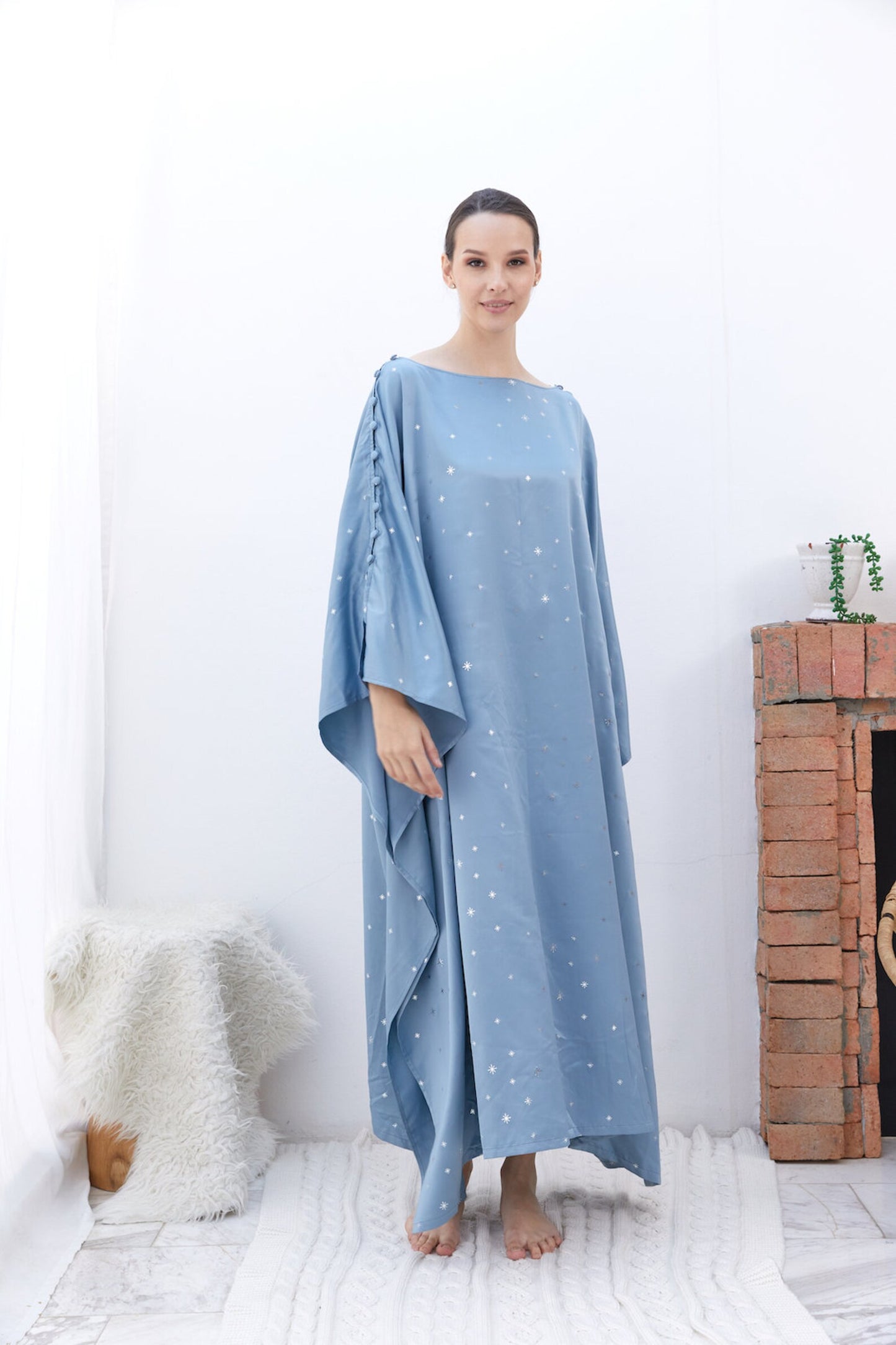 Button at Shoulder Little Fairy Baby Blue Silk Kaftan Dress Women Plus Size