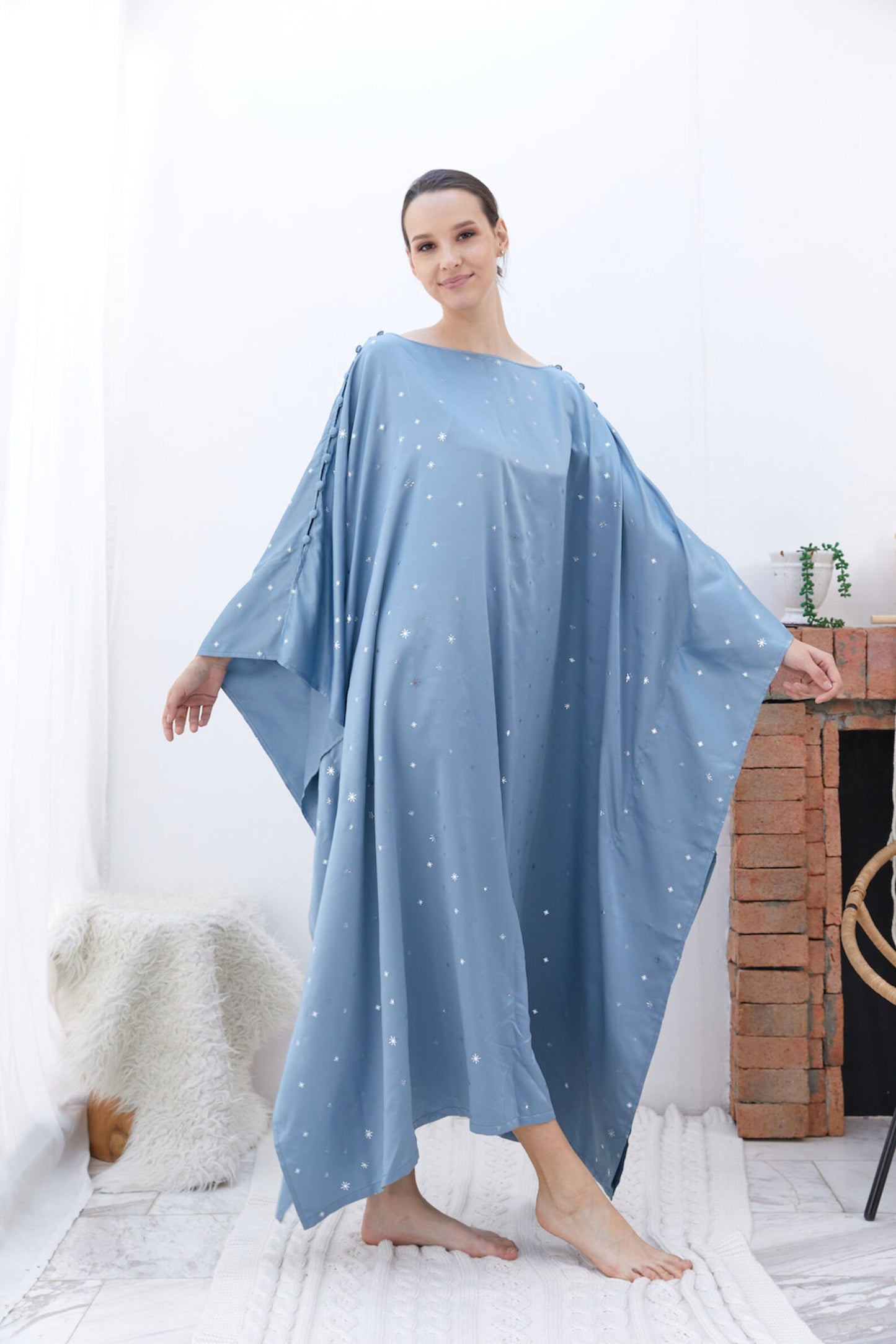 Button at Shoulder Little Fairy Baby Blue Silk Kaftan Dress Women Plus Size