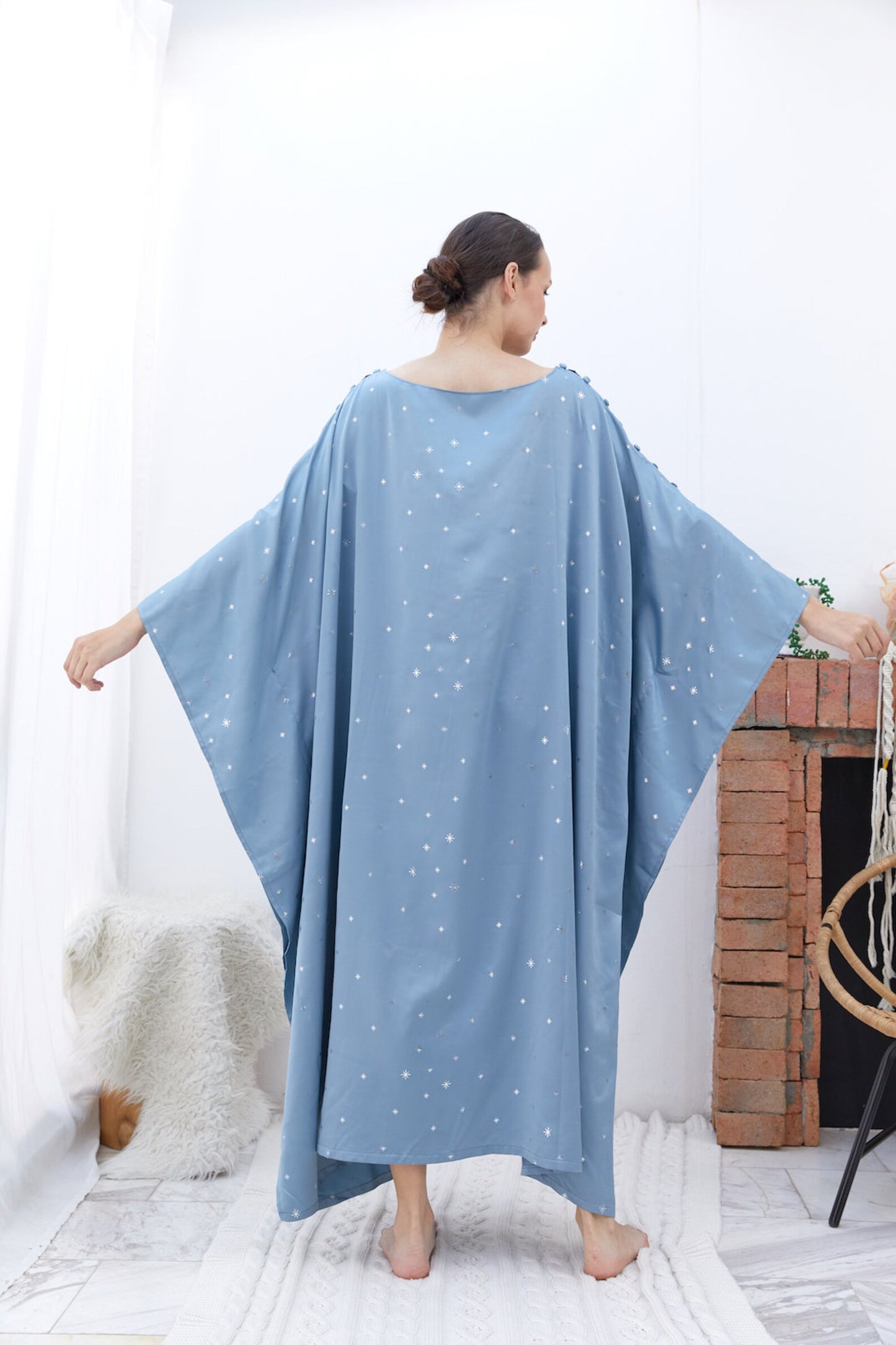 Button at Shoulder Little Fairy Baby Blue Silk Kaftan Dress Women Plus Size