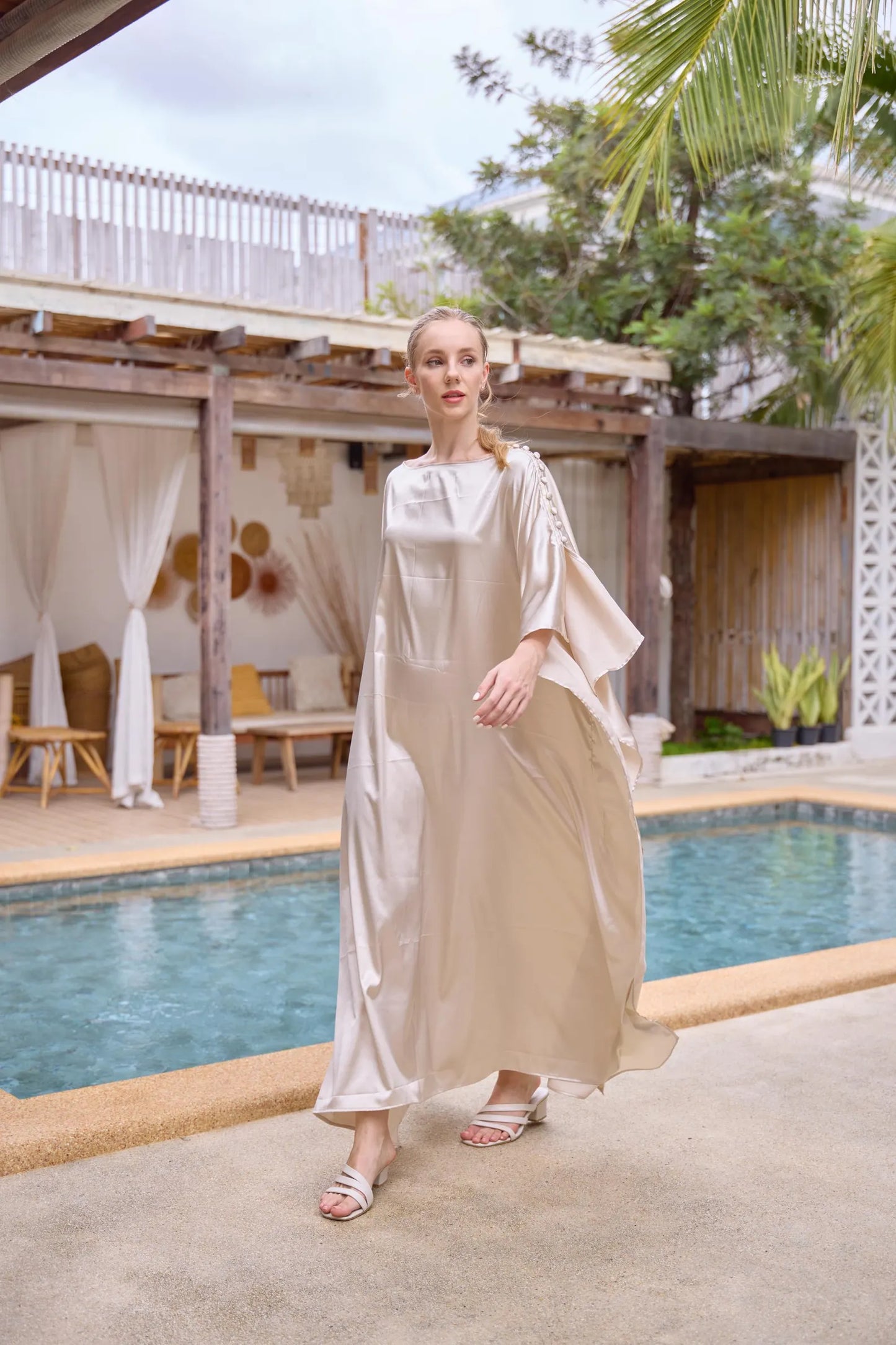 Button at shoulder Gold Light Silk Charmeuse Kaftan luxury dress