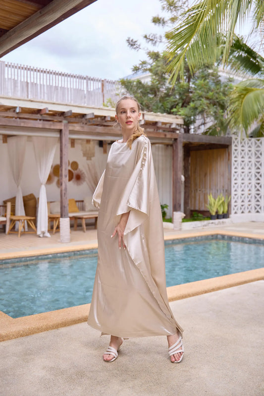 Button at shoulder Gold Light Silk Charmeuse Kaftan luxury dress