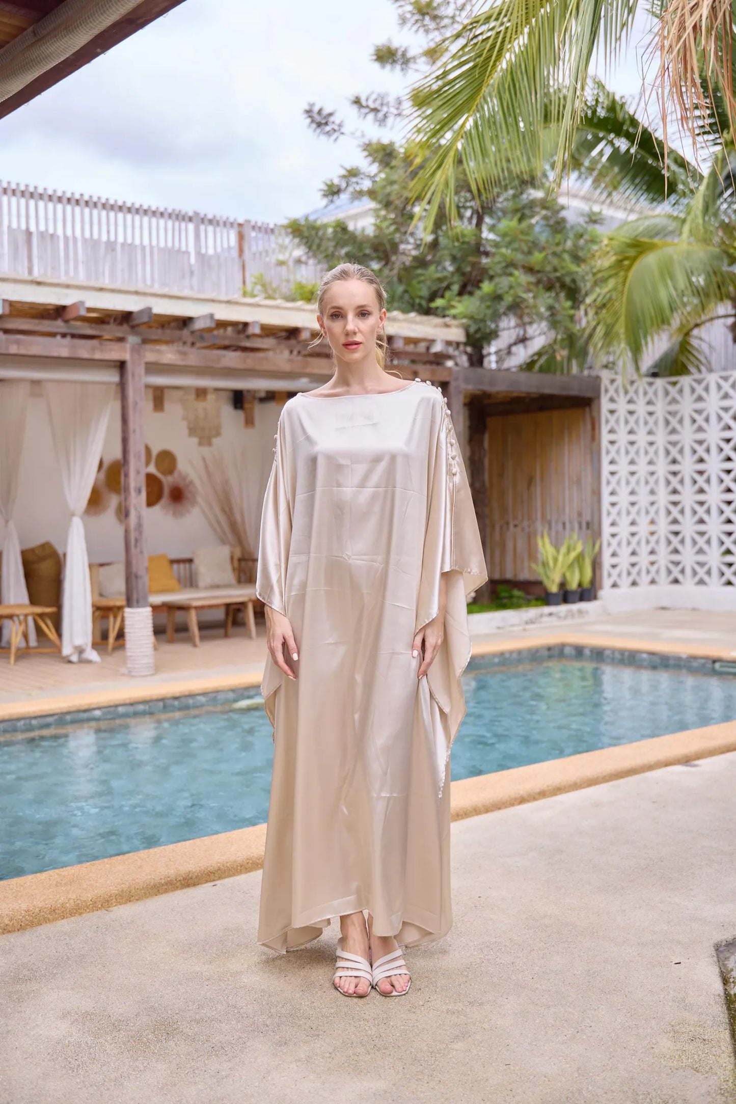 Button at shoulder Gold Light Silk Charmeuse Kaftan luxury dress