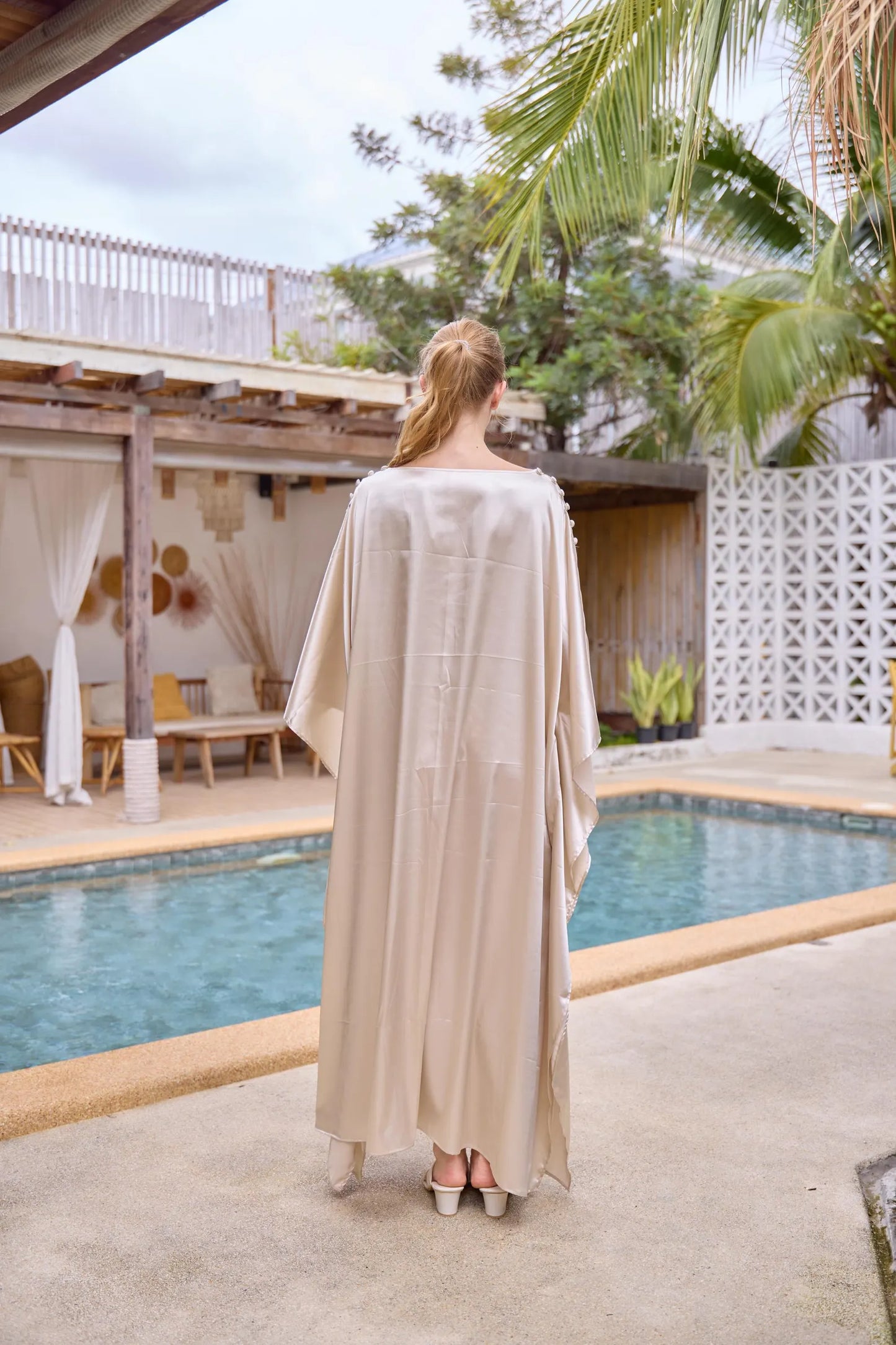 Button at shoulder Gold Light Silk Charmeuse Kaftan luxury dress