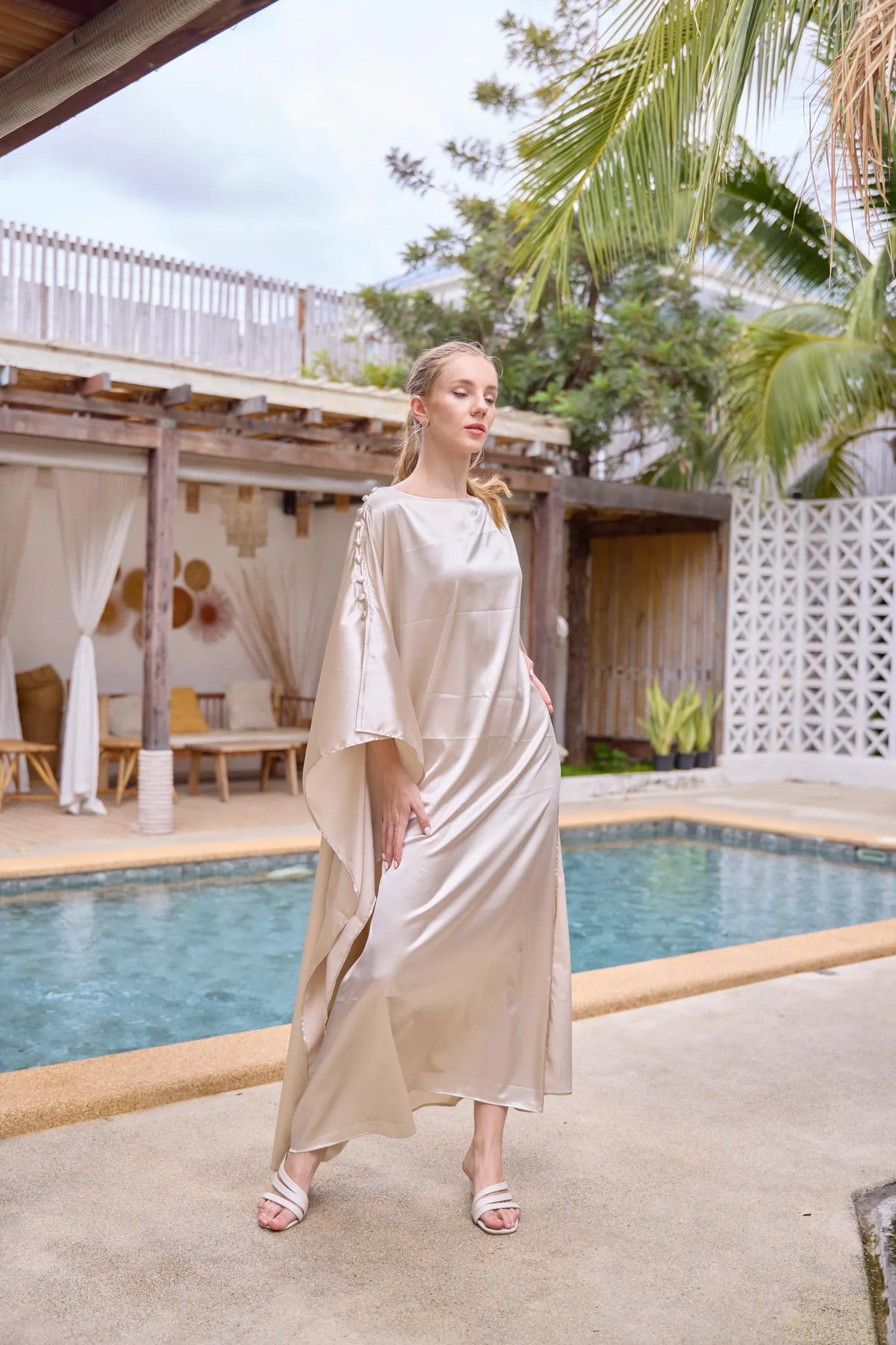 Button at shoulder Gold Light Silk Charmeuse Kaftan luxury dress