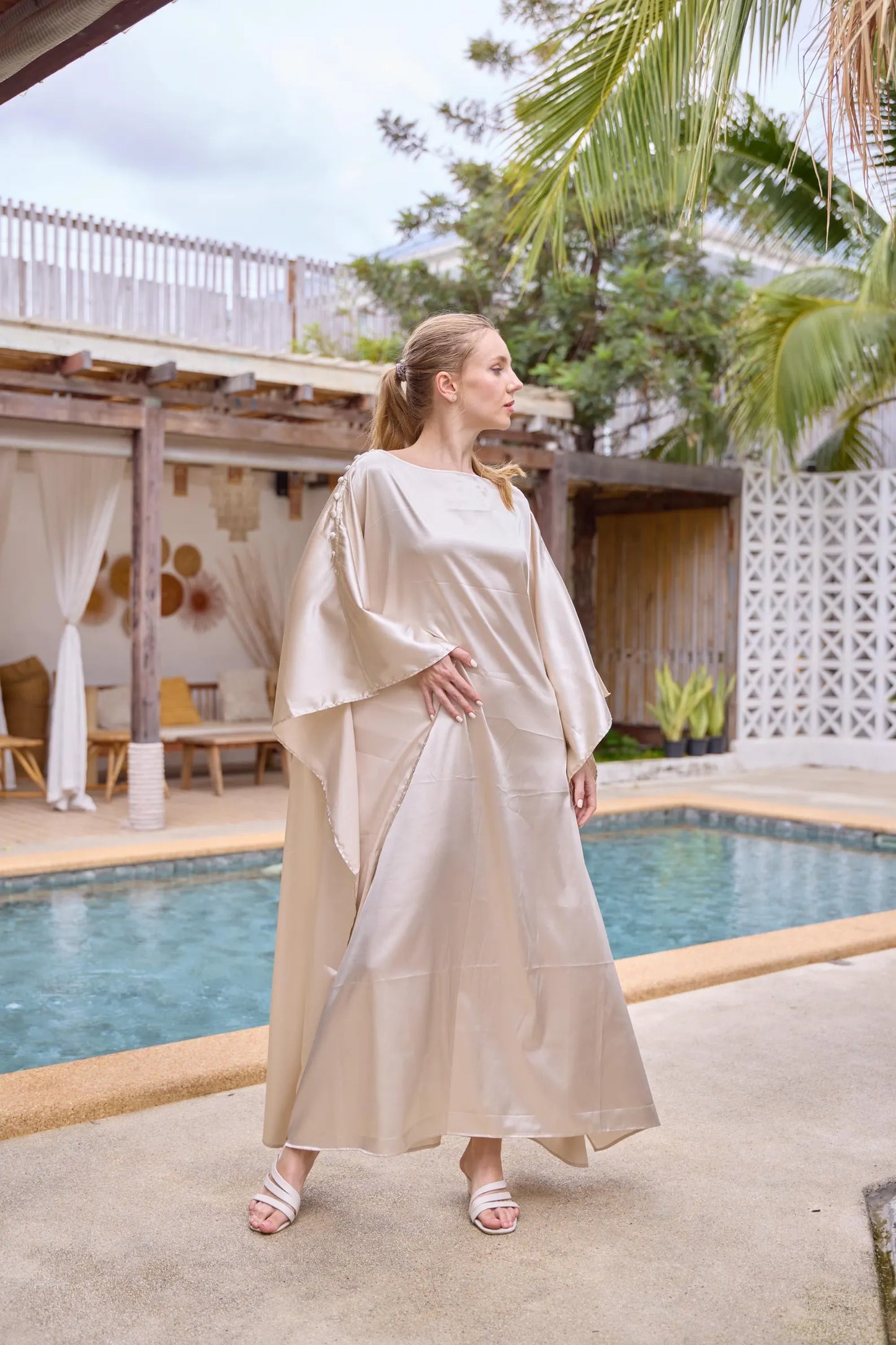 Button at shoulder Gold Light Silk Charmeuse Kaftan luxury dress