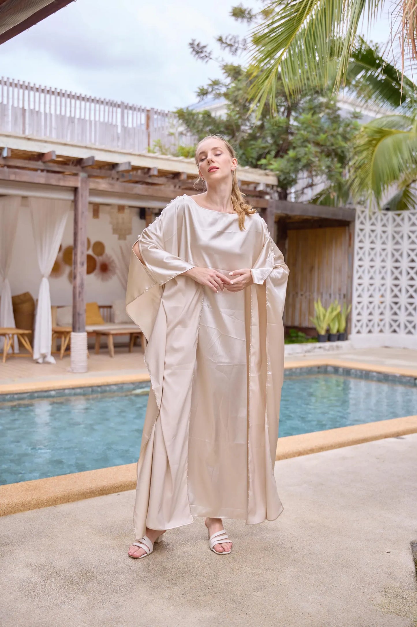 Button at shoulder Gold Light Silk Charmeuse Kaftan luxury dress