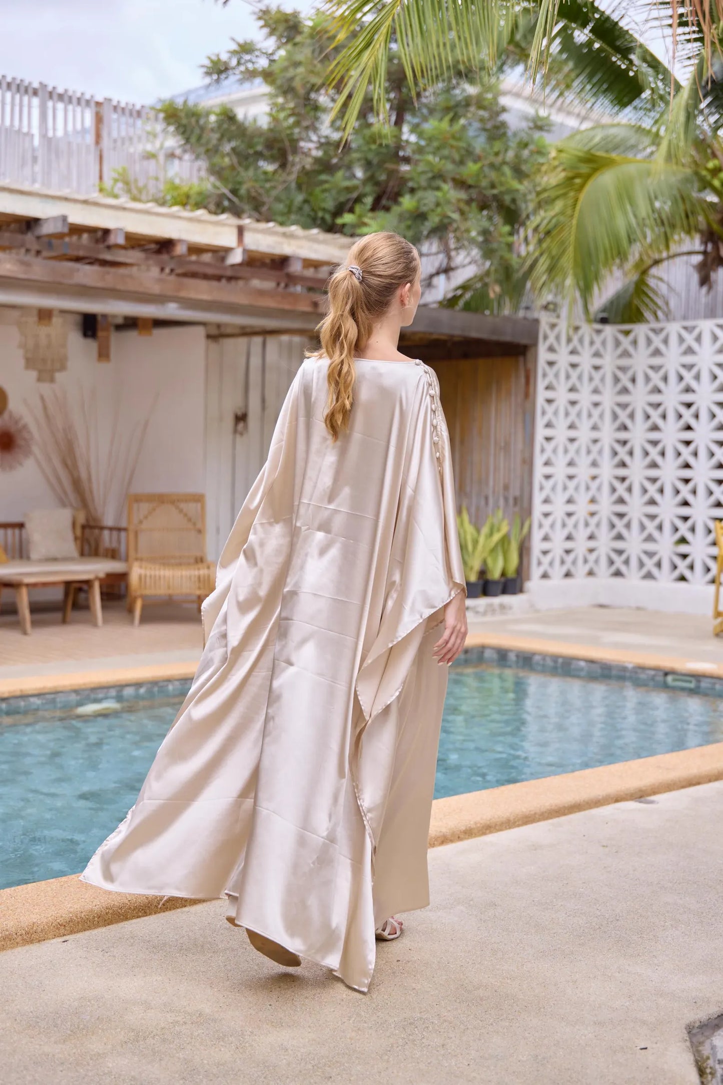 Button at shoulder Gold Light Silk Charmeuse Kaftan luxury dress