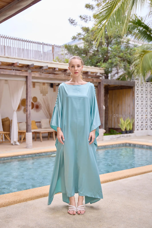 Button at shoulder silk charmeuse blue turquoise Kaftan Dress Caftan Plus Size