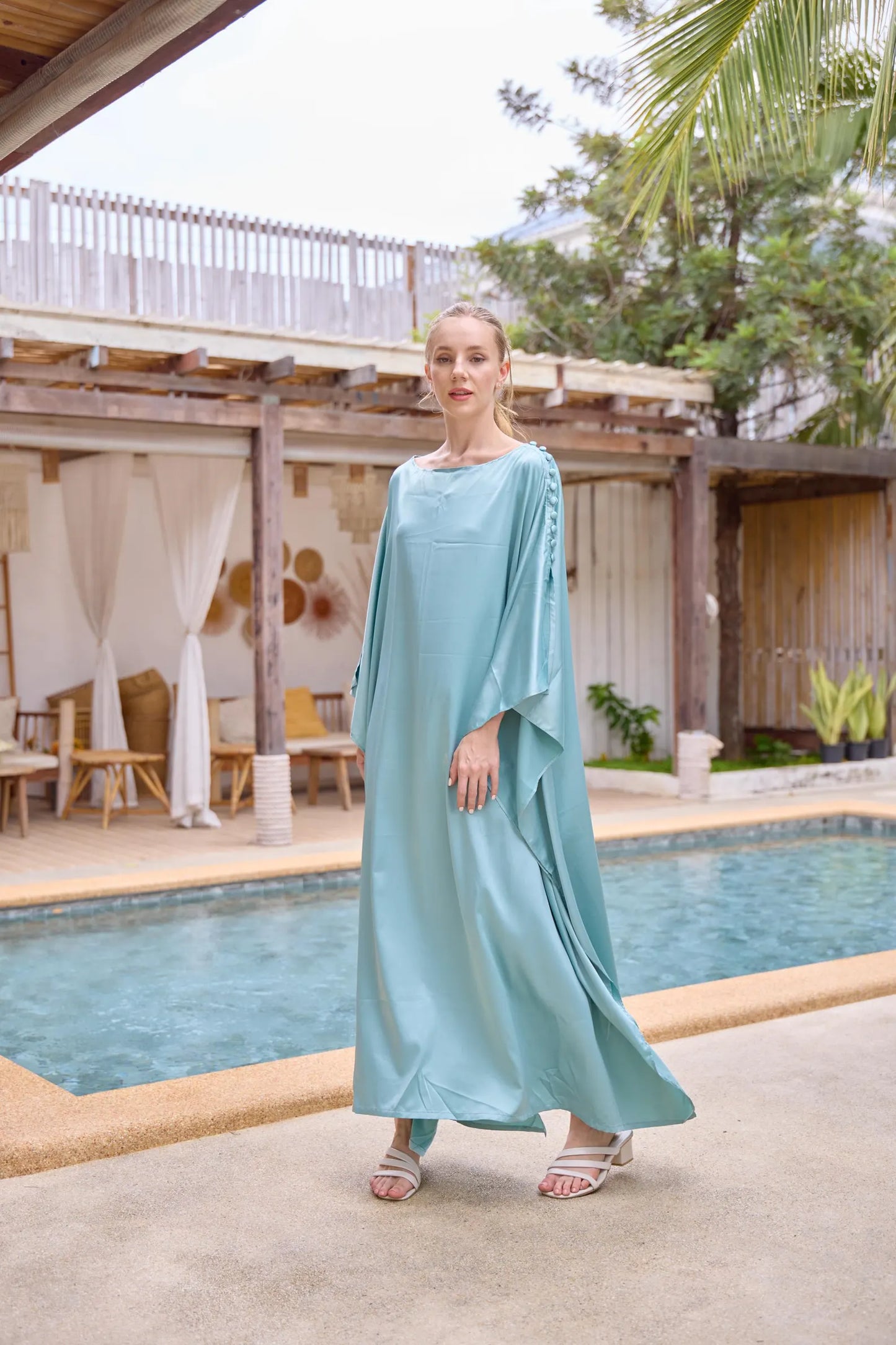 Button at shoulder silk charmeuse blue turquoise Kaftan Dress Caftan Plus Size