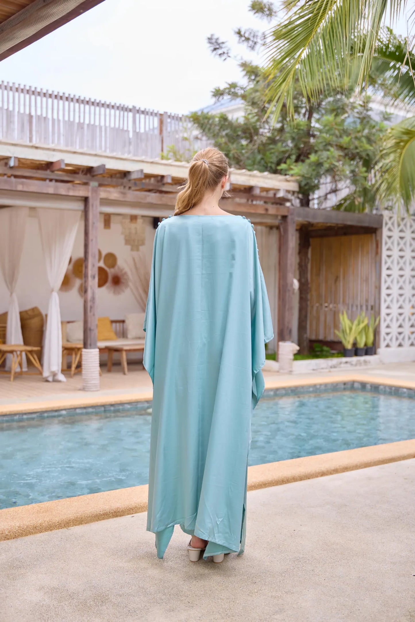 Button at shoulder silk charmeuse blue turquoise Kaftan Dress Caftan Plus Size