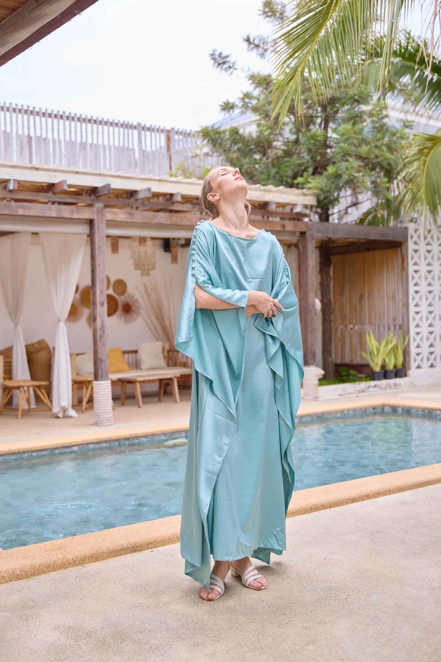 Button at shoulder silk charmeuse blue turquoise Kaftan Dress Caftan Plus Size