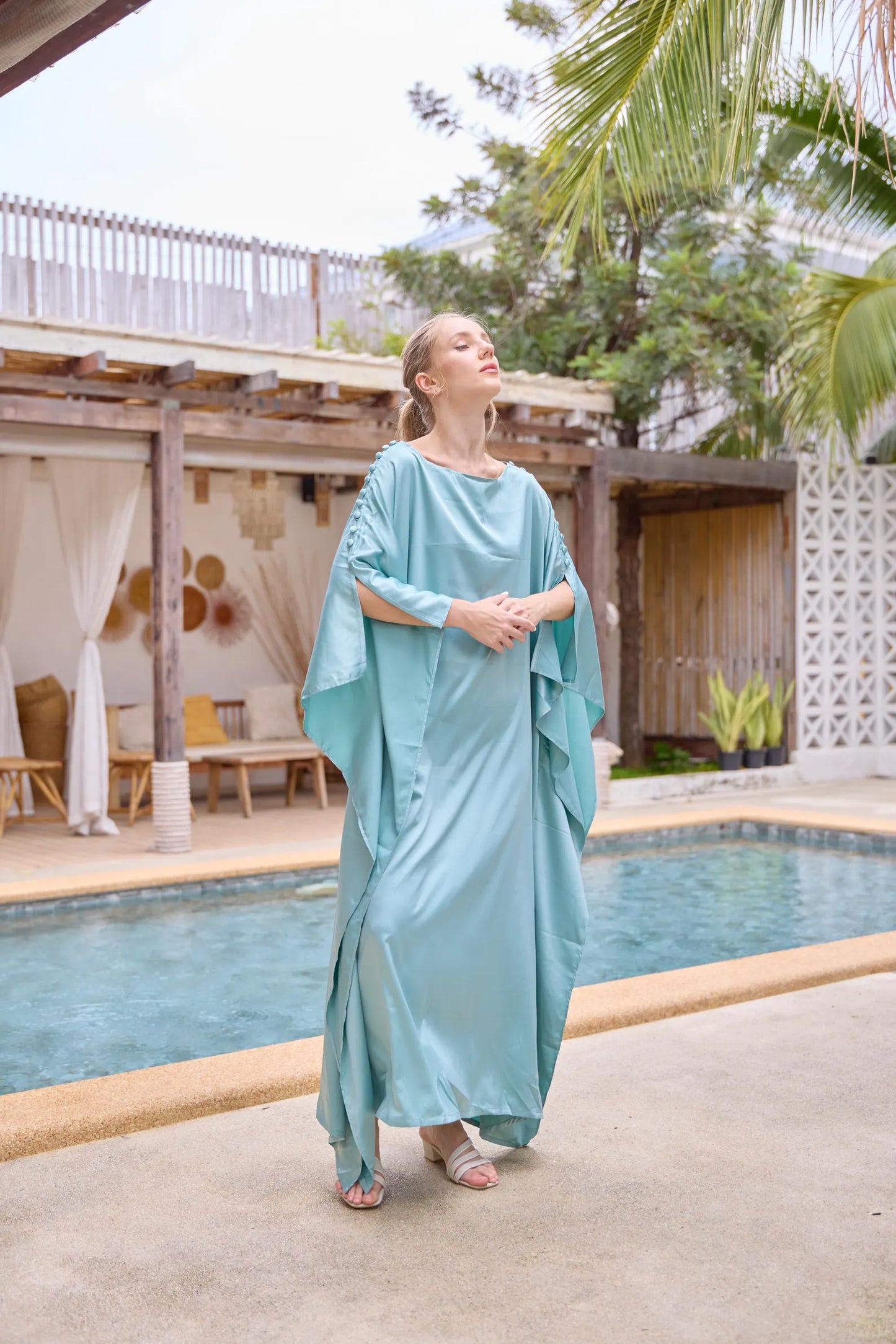 Button at shoulder silk charmeuse blue turquoise Kaftan Dress Caftan Plus Size