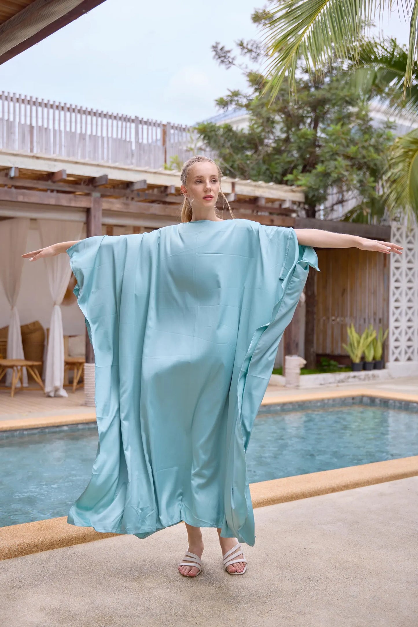 Button at shoulder silk charmeuse blue turquoise Kaftan Dress Caftan Plus Size