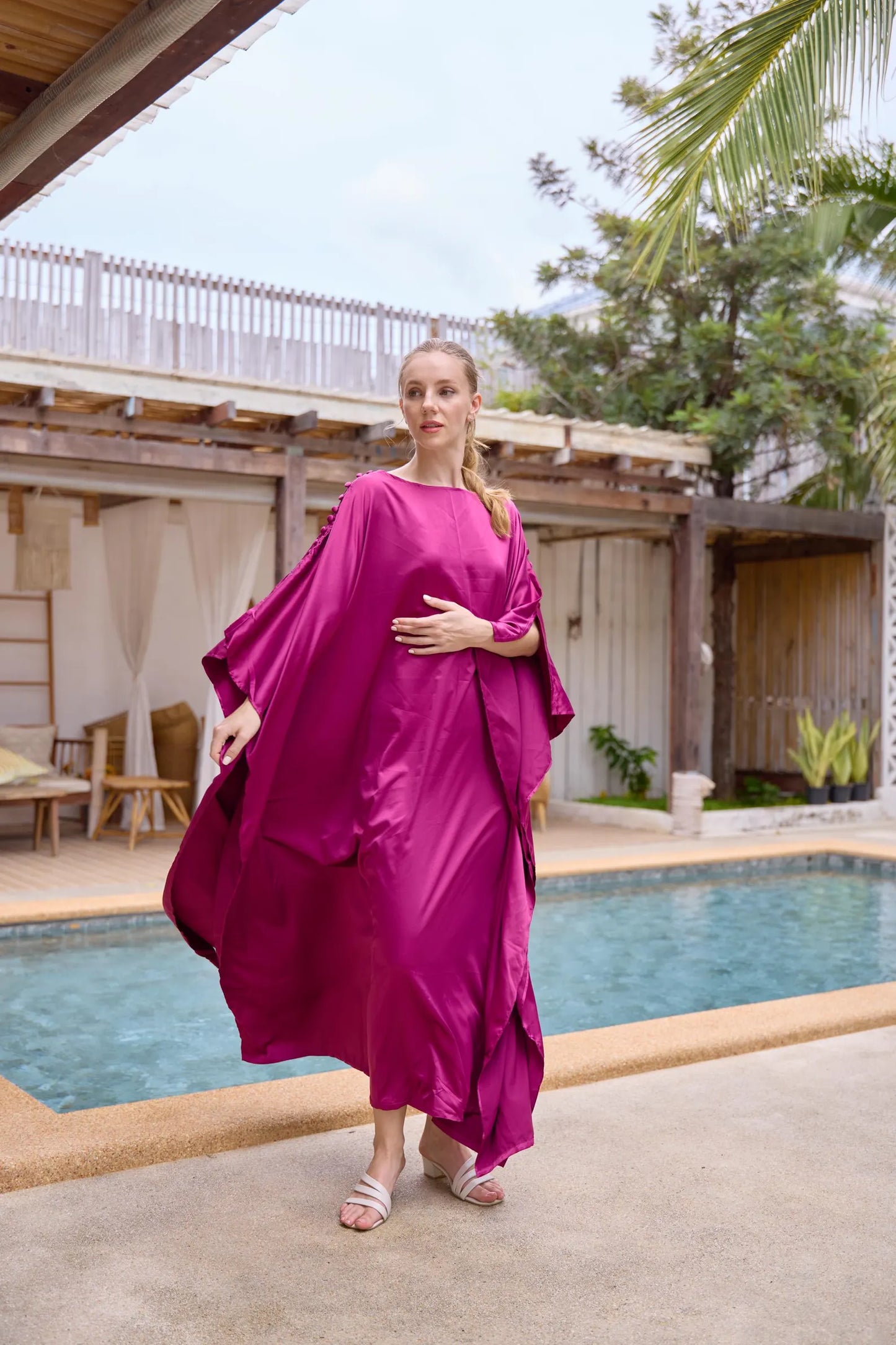 Button at shoulder silk charmeuse dark hot pink Kaftan Premium Silk Dress