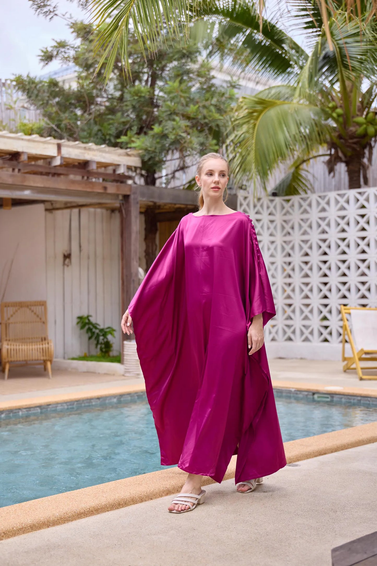 Button at shoulder silk charmeuse dark hot pink Kaftan Premium Silk Dress