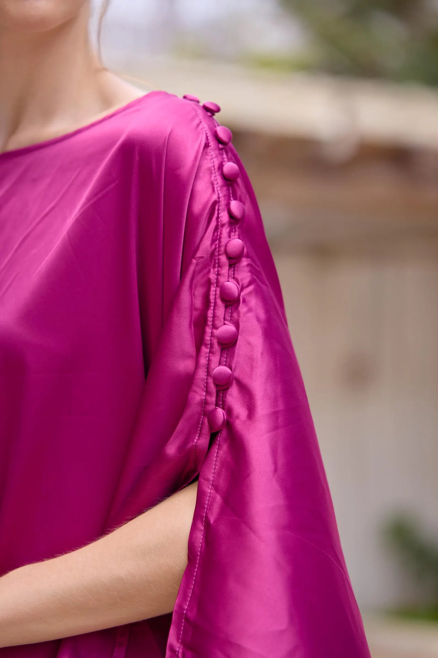 Button at shoulder silk charmeuse dark hot pink Kaftan Premium Silk Dress