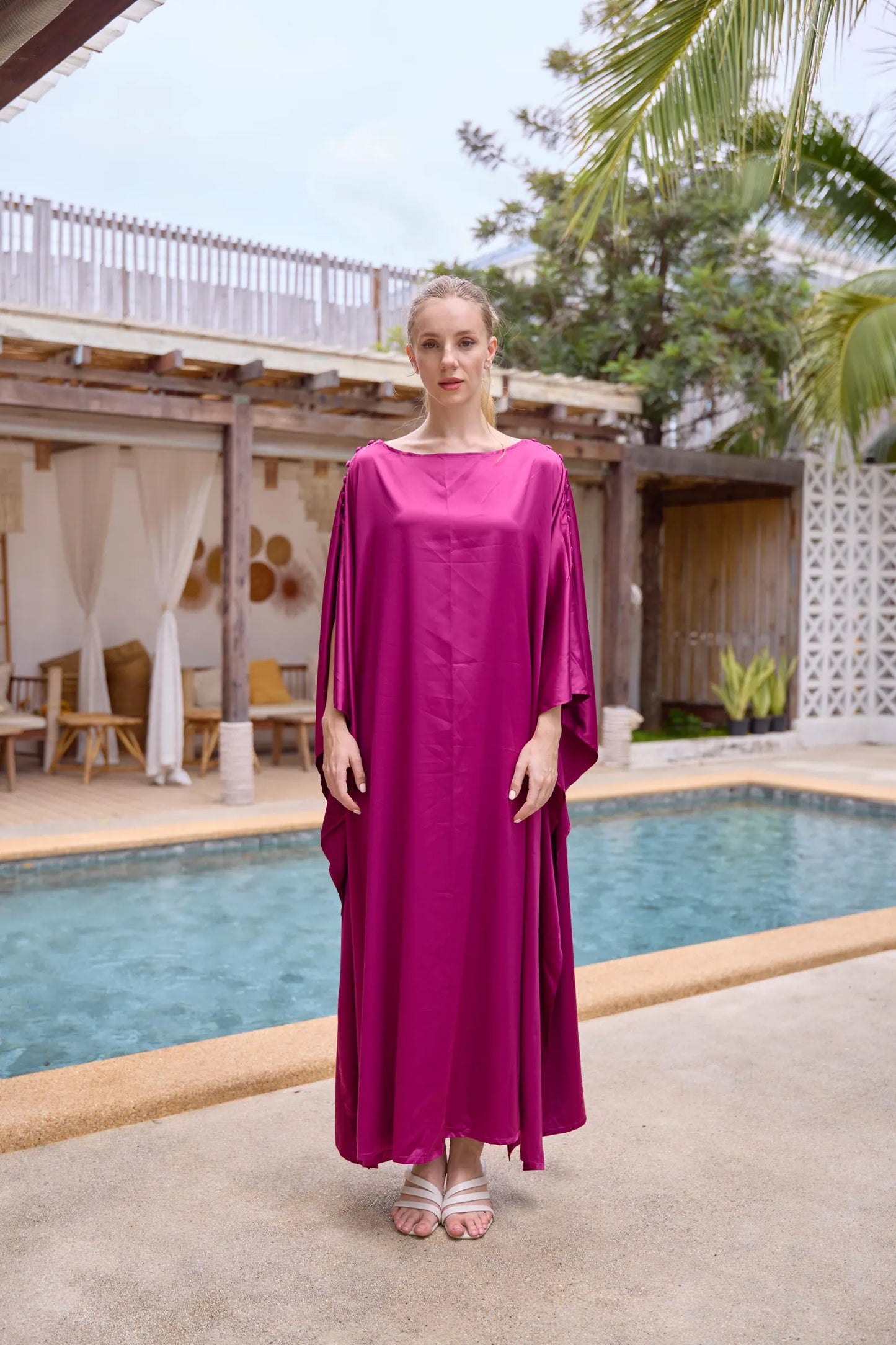 Button at shoulder silk charmeuse dark hot pink Kaftan Premium Silk Dress