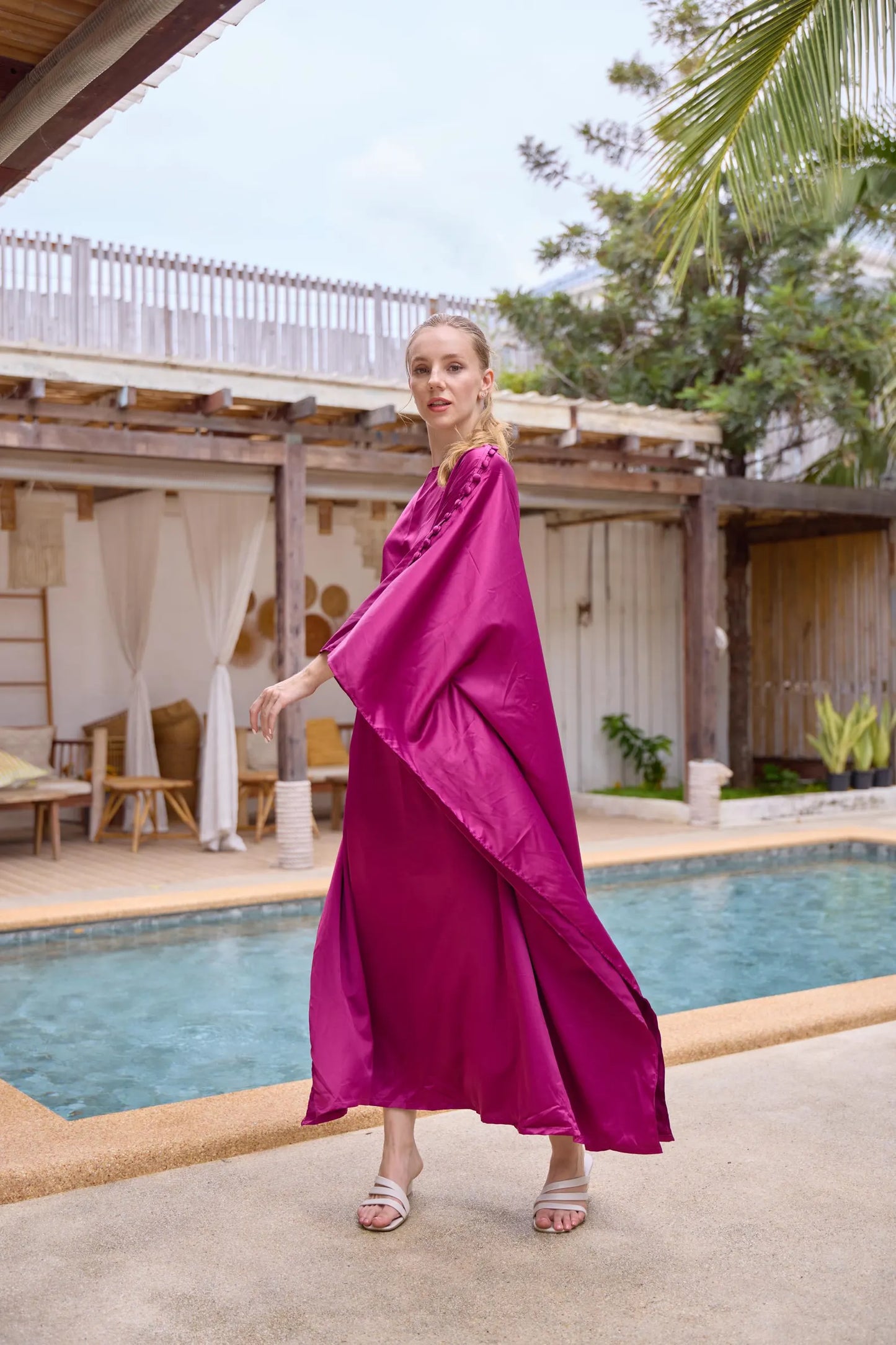 Button at shoulder silk charmeuse dark hot pink Kaftan Premium Silk Dress