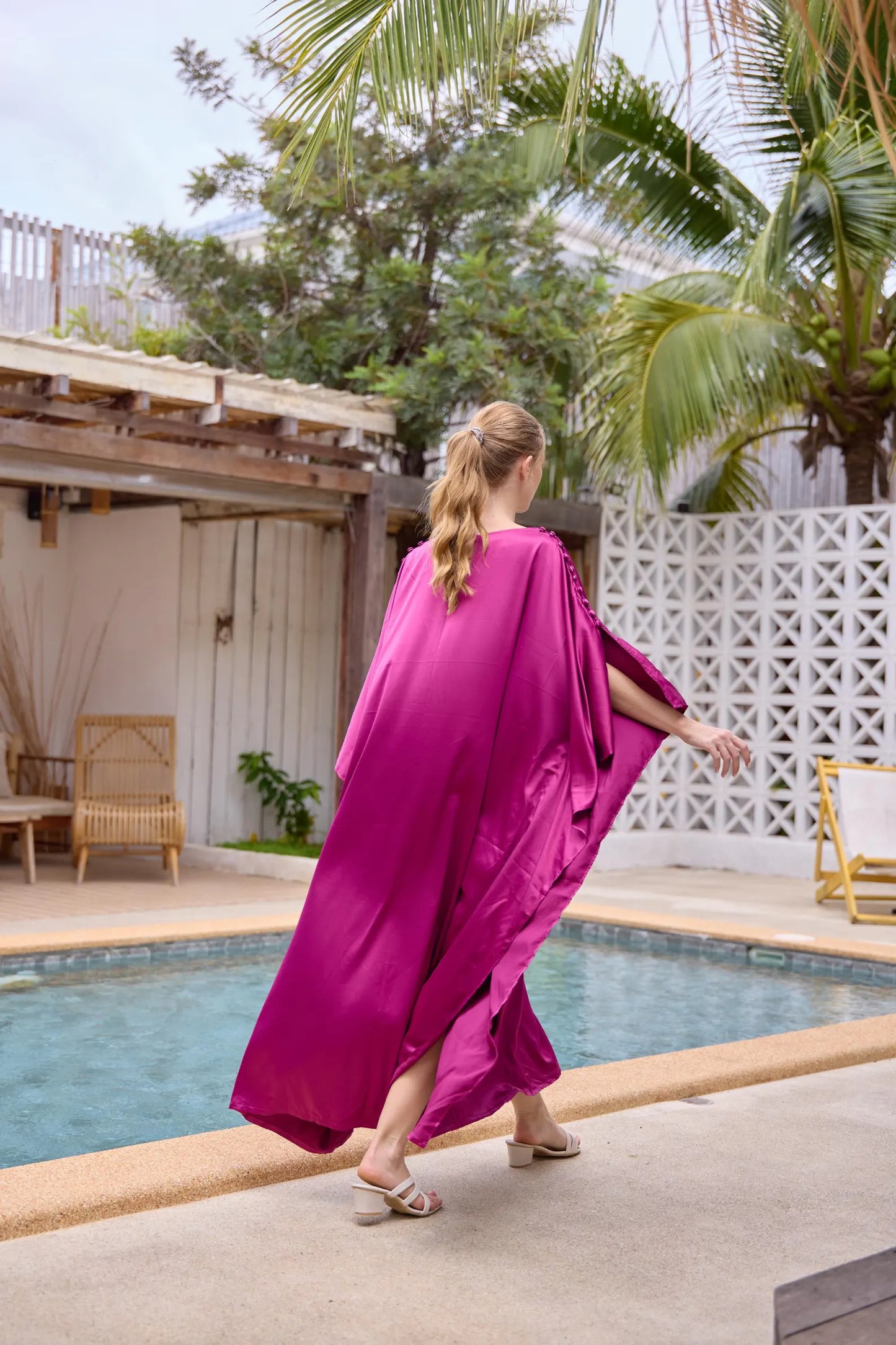 Button at shoulder silk charmeuse dark hot pink Kaftan Premium Silk Dress