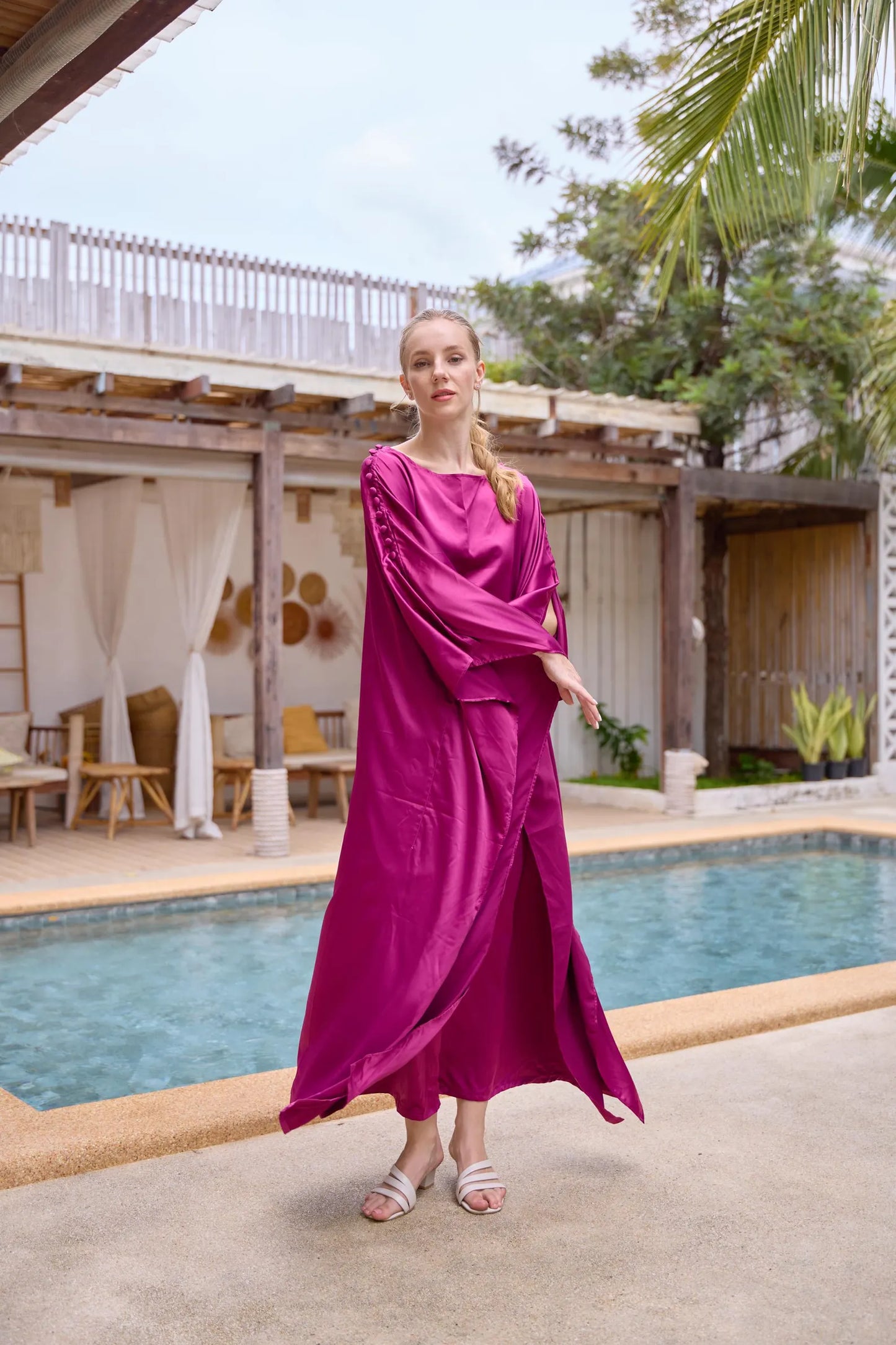 Button at shoulder silk charmeuse dark hot pink Kaftan Premium Silk Dress