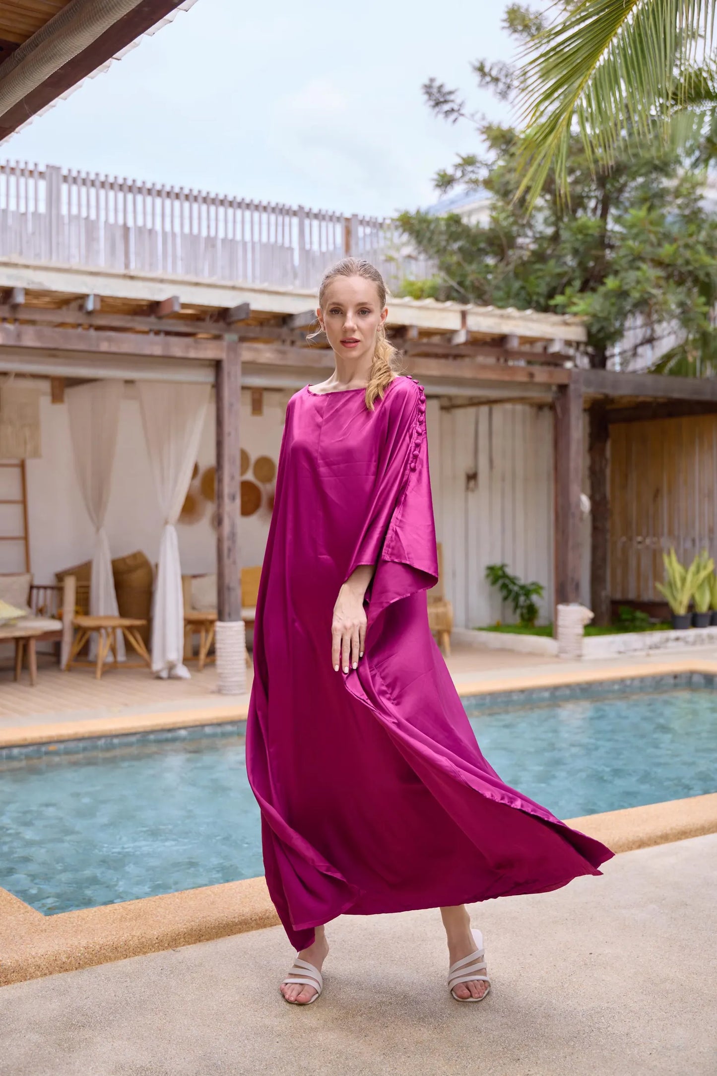 Button at shoulder silk charmeuse dark hot pink Kaftan Premium Silk Dress