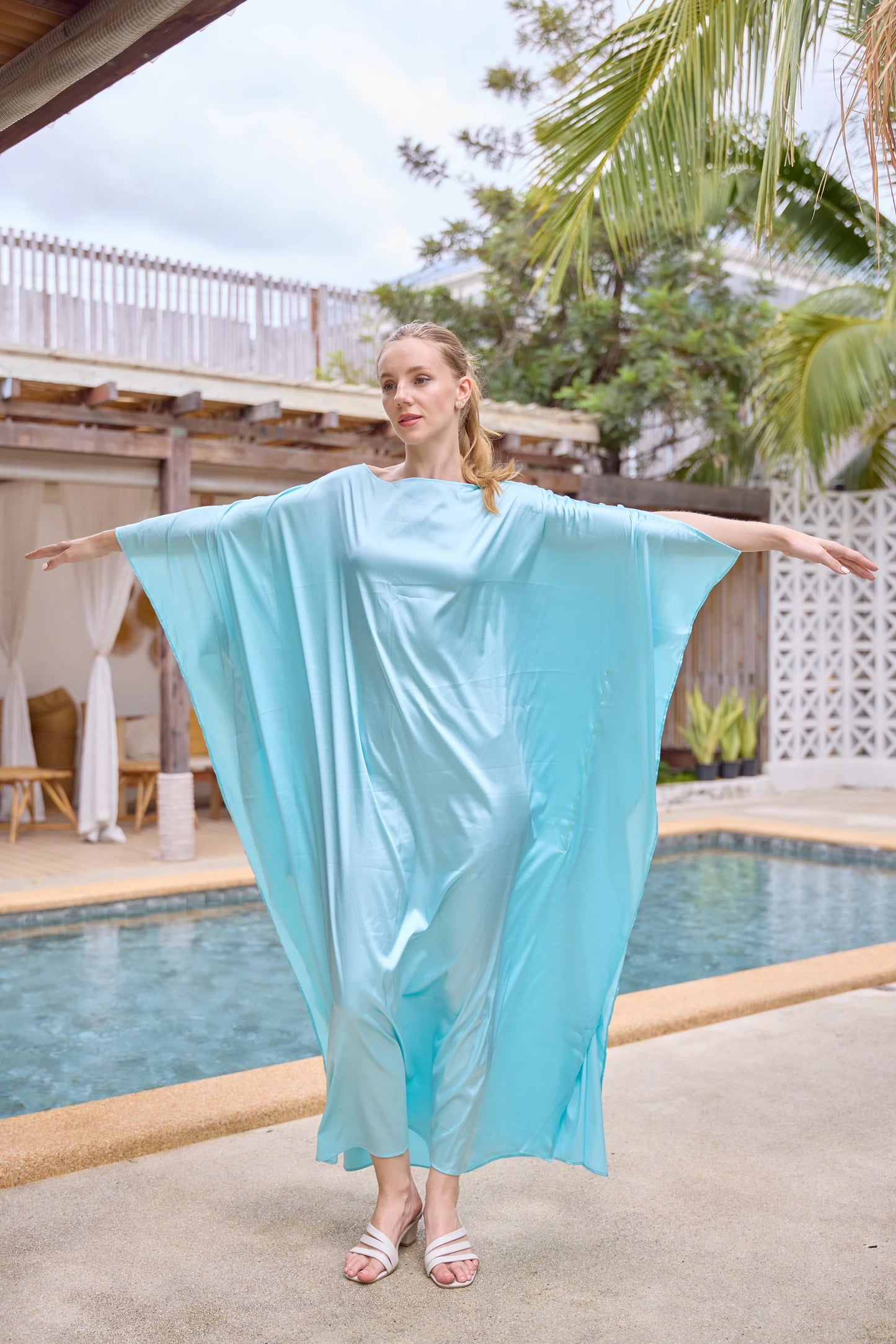 Buttons Shoulders Vibrant Blue Full Length Caftan Oriental Plus Size Summer