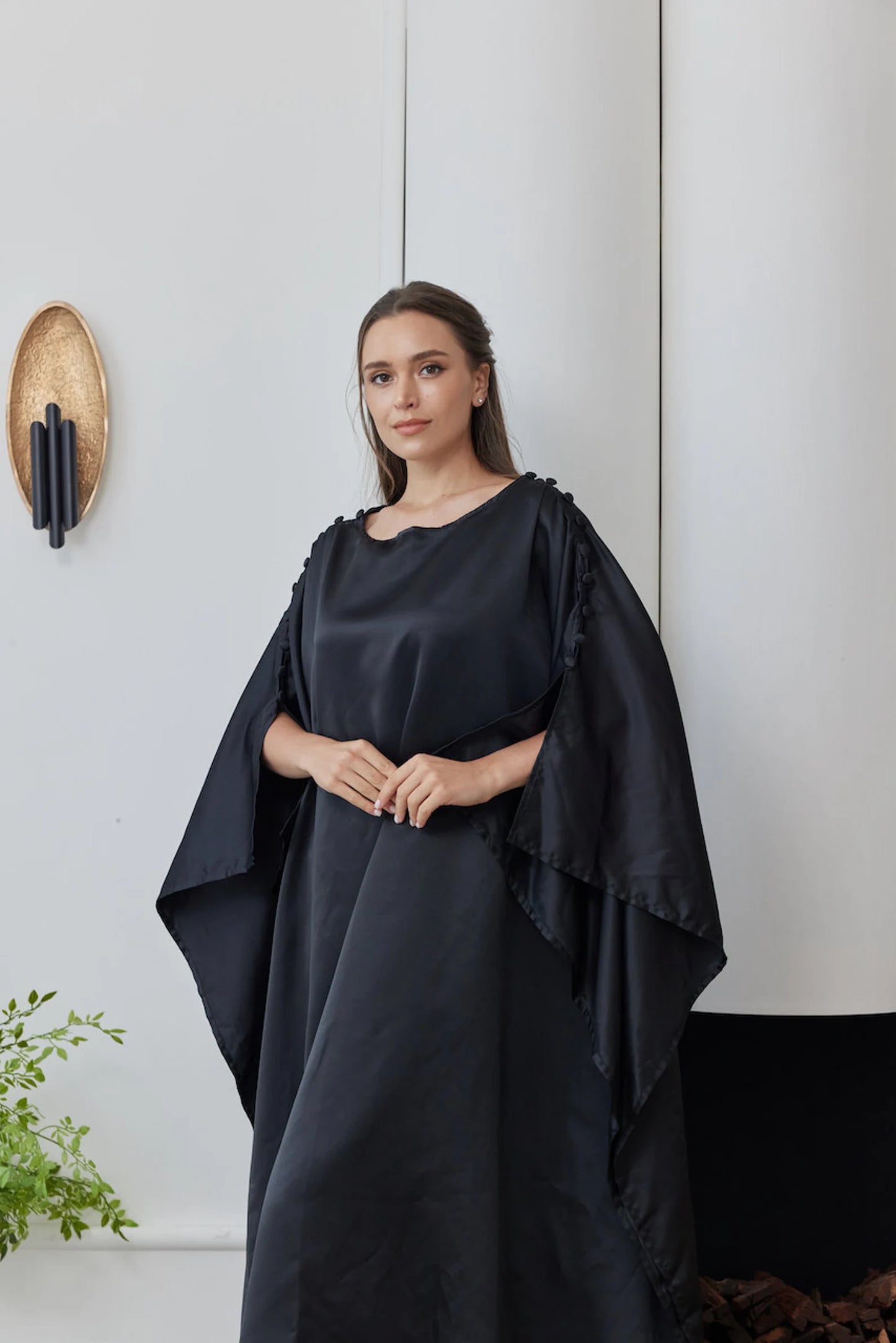 Buttons at Shoulders Premium Black Silky Caftan Maxi Dress Women Plus Size