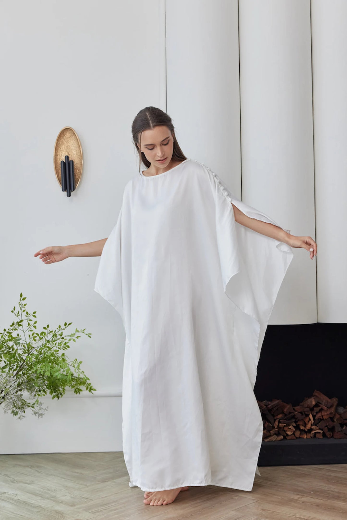 Buttons at Shoulders Premium White Silky Caftan Maxi Dress Women Plus Size