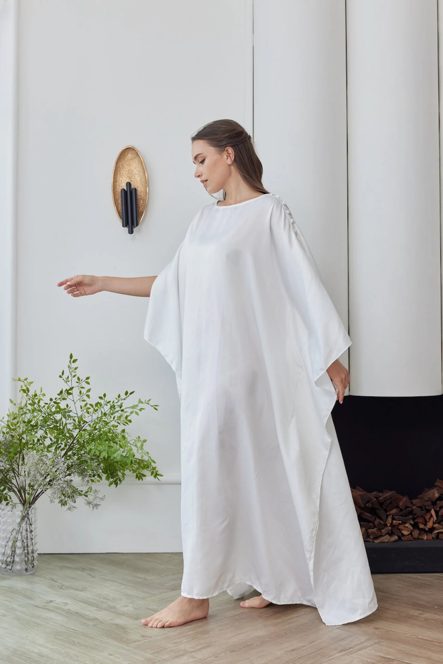 Buttons at Shoulders Premium White Silky Caftan Maxi Dress Women Plus Size