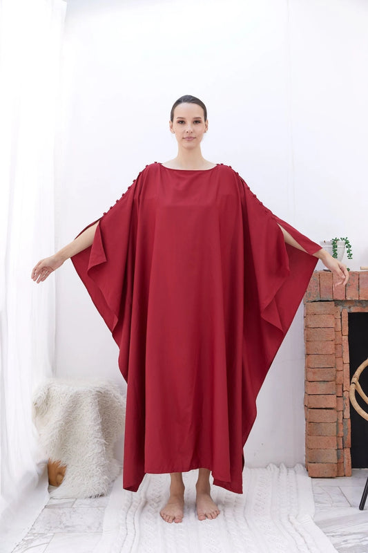 Buttons at Shoulders Red Silk Kaftan Dress Women Plus Size Bridesmaid Caftan