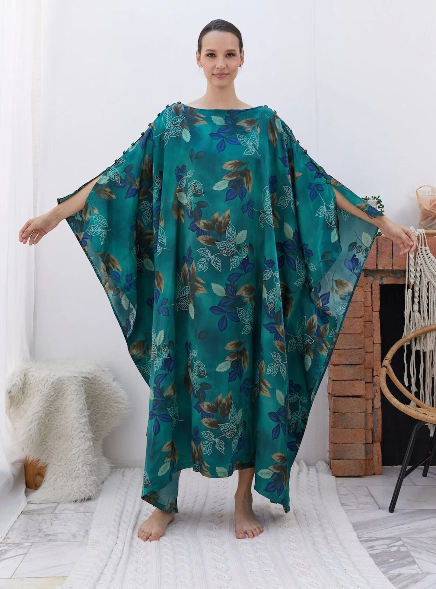 Buttons at shoulders Green Silk Kaftan Dress Luxury Emerald Women Plus Size