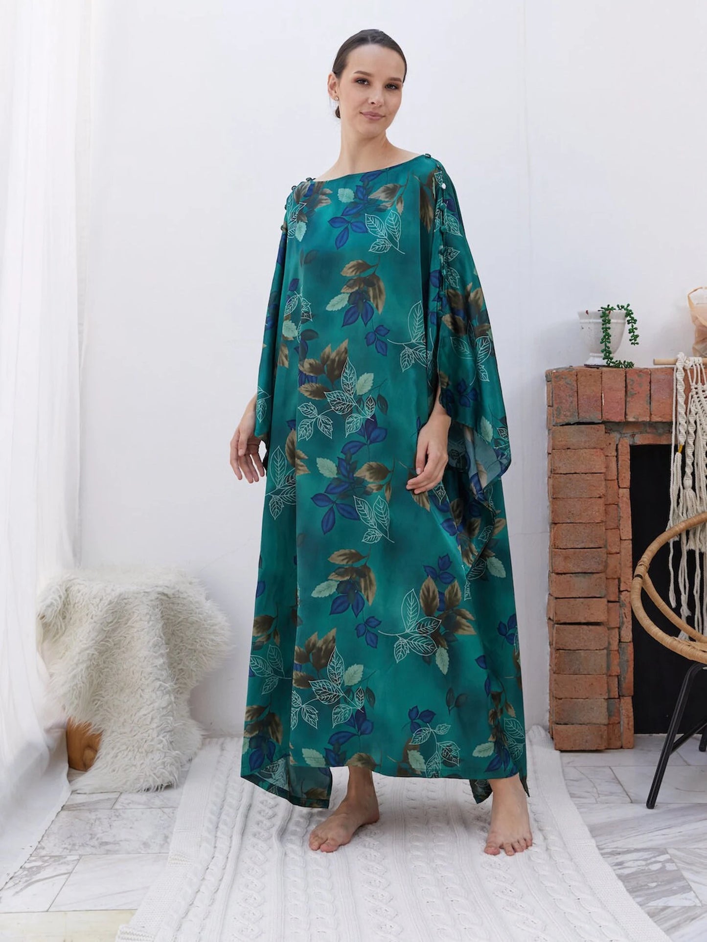 Buttons at shoulders Green Silk Kaftan Dress Luxury Emerald Women Plus Size