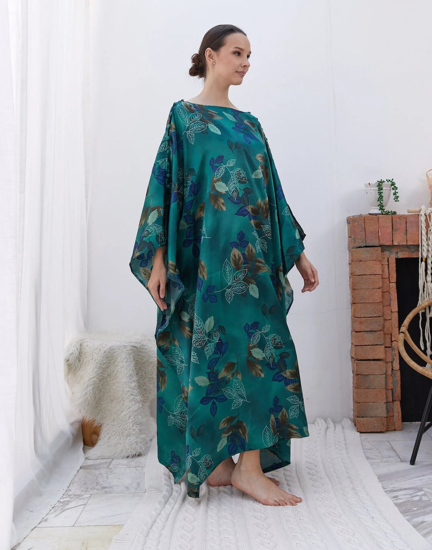 Buttons at shoulders Green Silk Kaftan Dress Luxury Emerald Women Plus Size