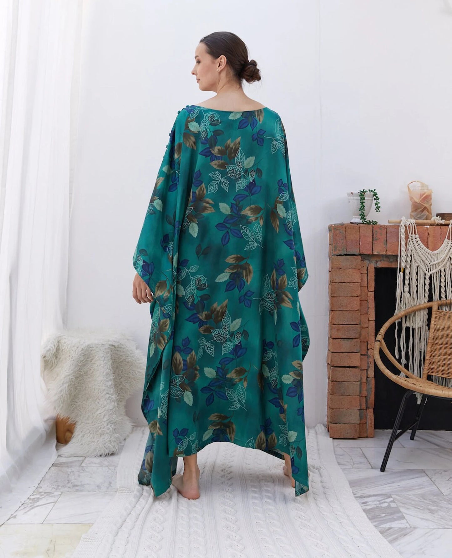 Buttons at shoulders Green Silk Kaftan Dress Luxury Emerald Women Plus Size