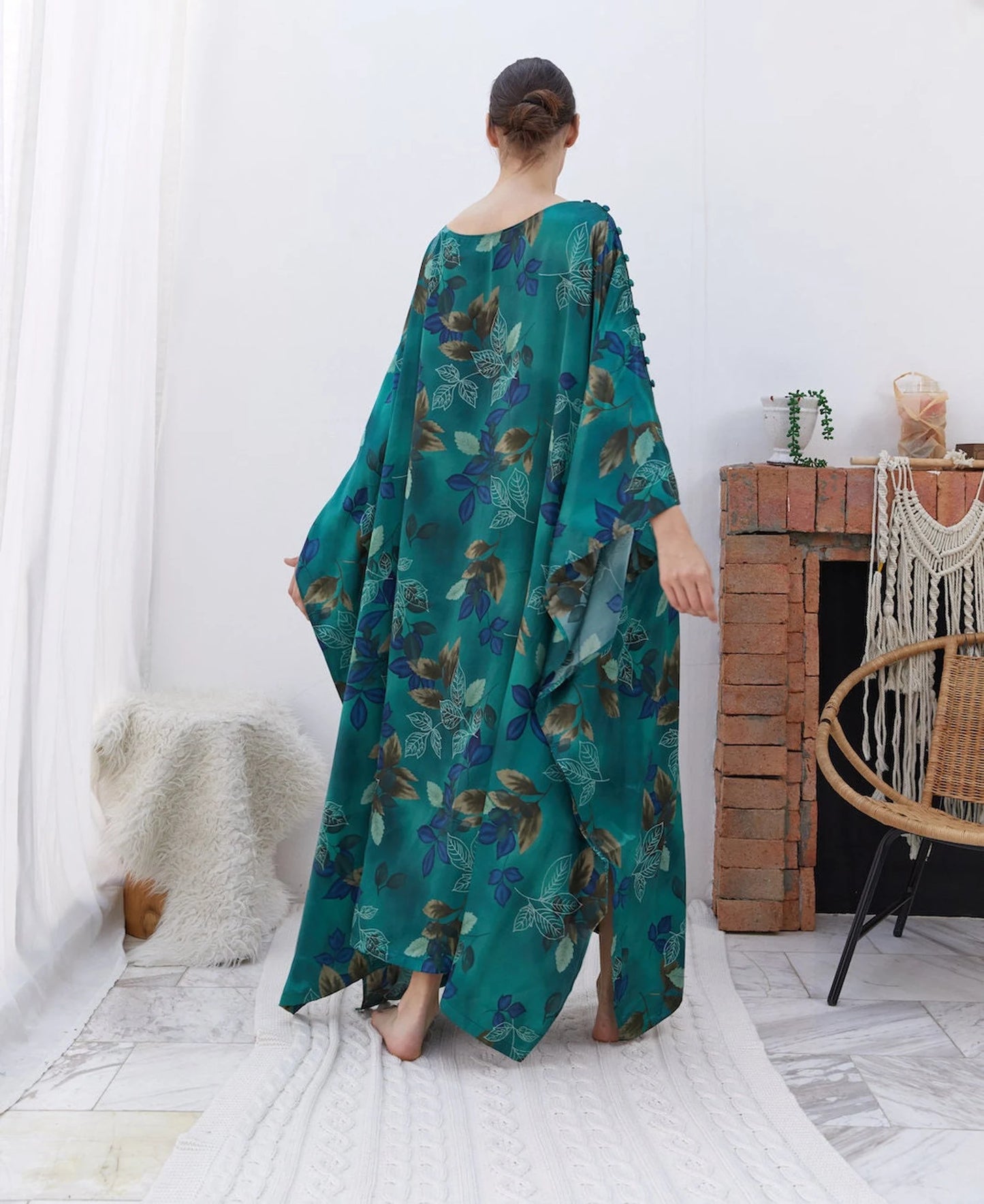 Buttons at shoulders Green Silk Kaftan Dress Luxury Emerald Women Plus Size