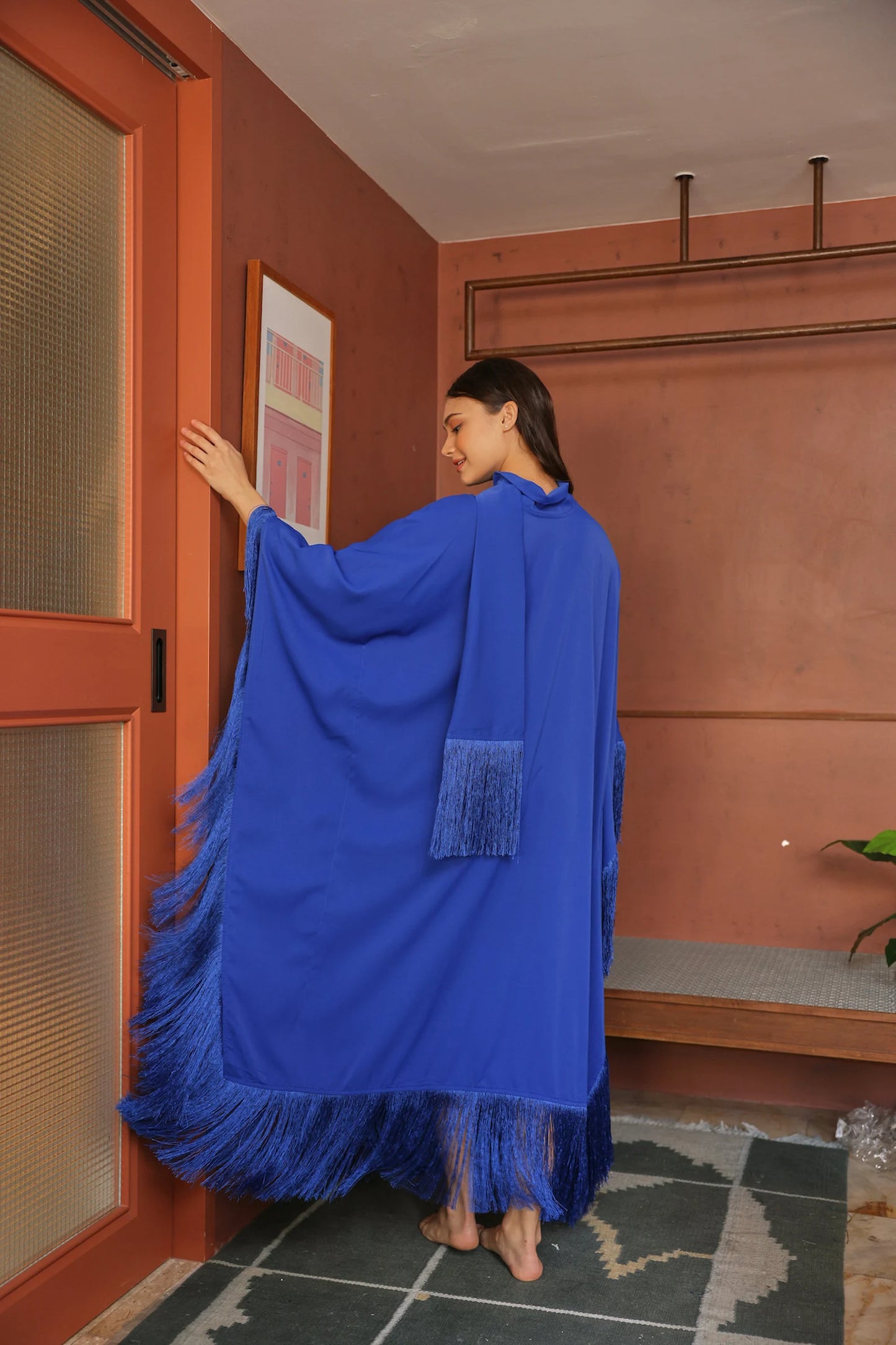 Cobalt Blue Bright Kaftan Silk Dress Beautiful Designer Caftan Gown fringed