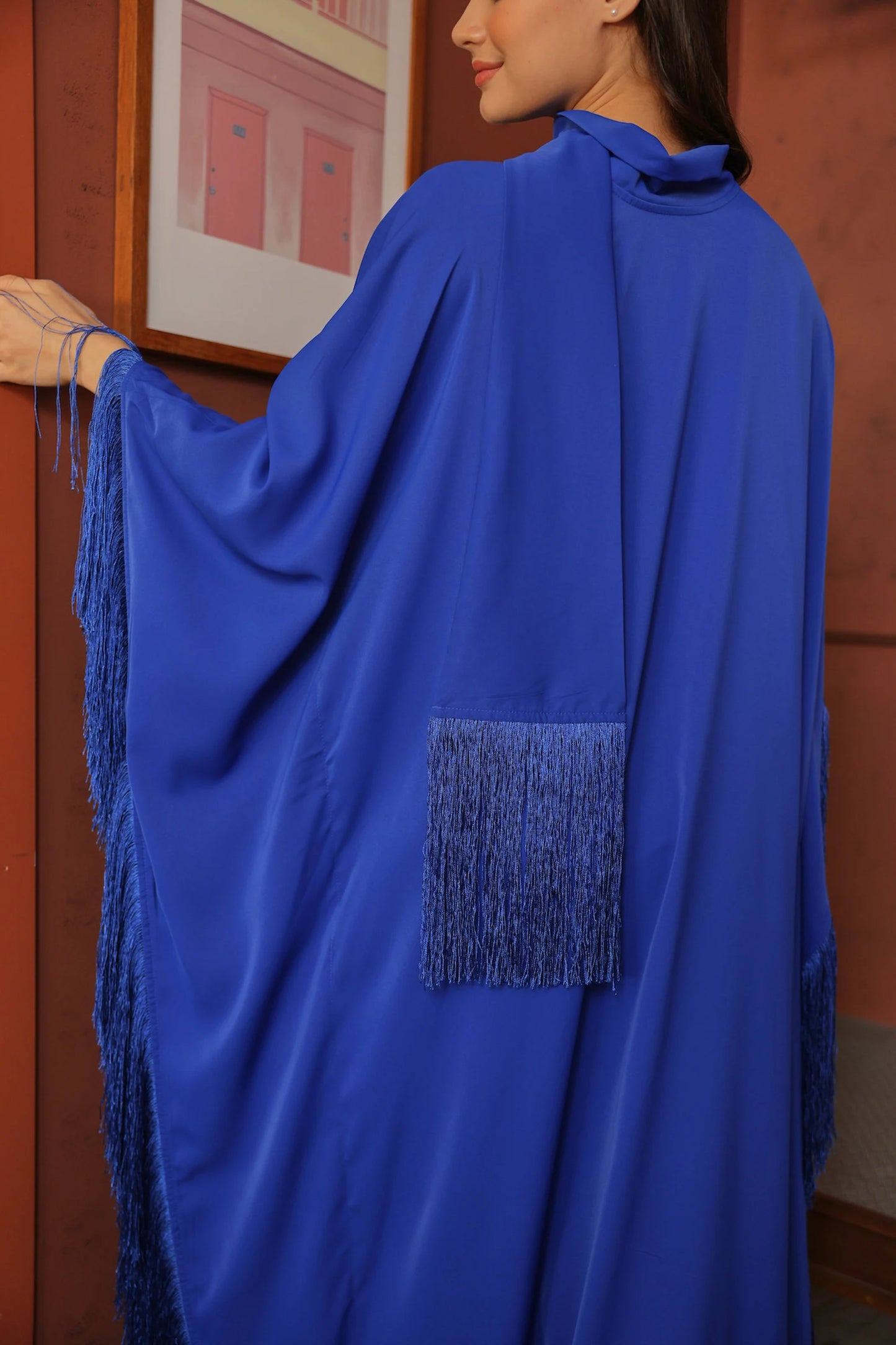 Cobalt Blue Bright Kaftan Silk Dress Beautiful Designer Caftan Gown fringed