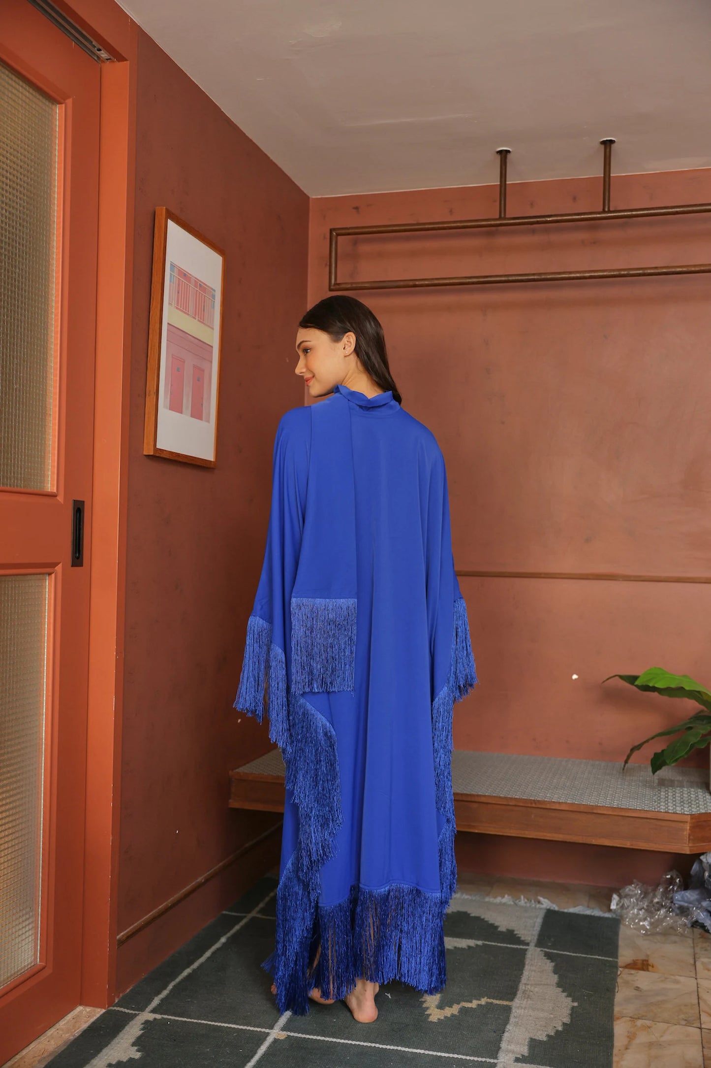 Cobalt Blue Bright Kaftan Silk Dress Beautiful Designer Caftan Gown fringed