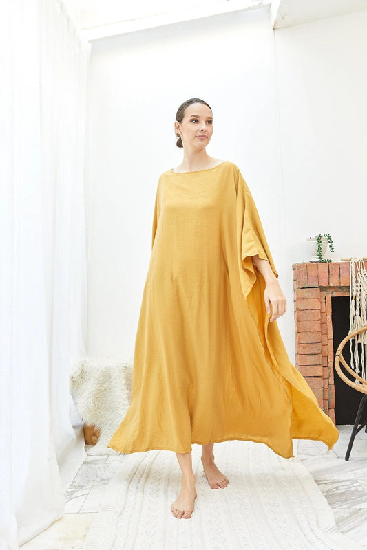 Comfy Gold Silk Japan Kaftan Dress Women Plus Size Dress