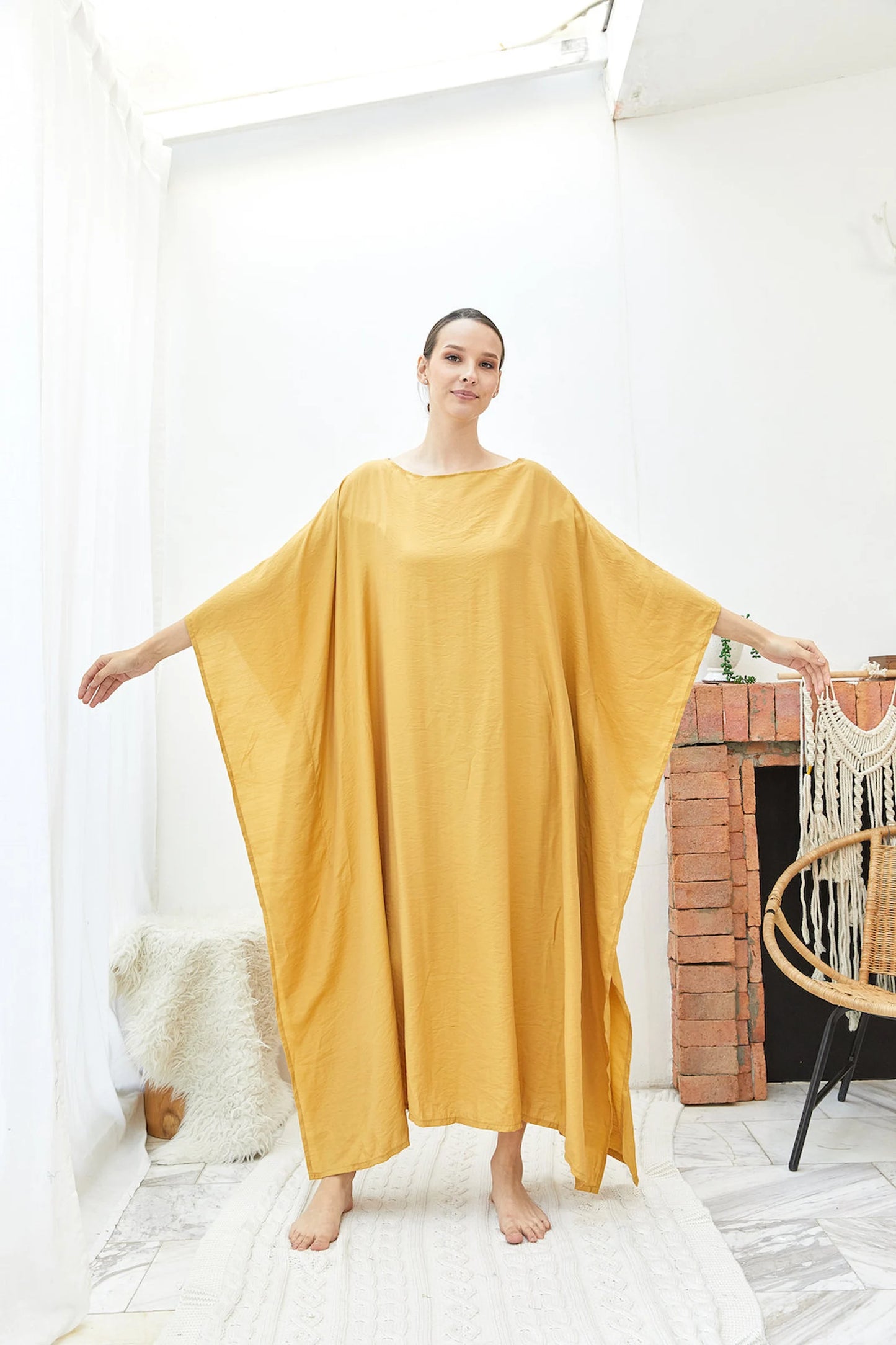 Comfy Gold Silk Japan Kaftan Dress Women Plus Size Dress