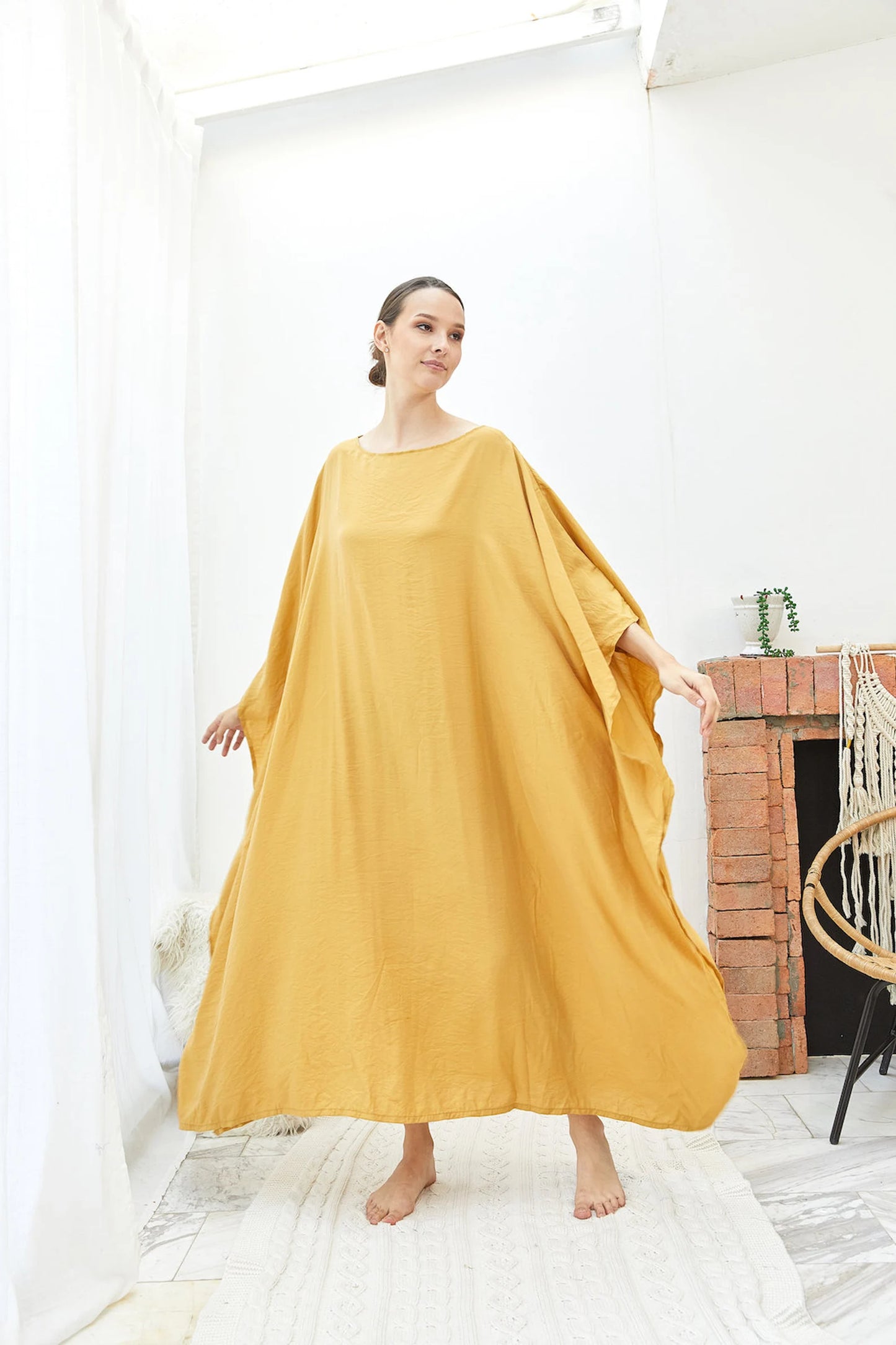 Comfy Gold Silk Japan Kaftan Dress Women Plus Size Dress