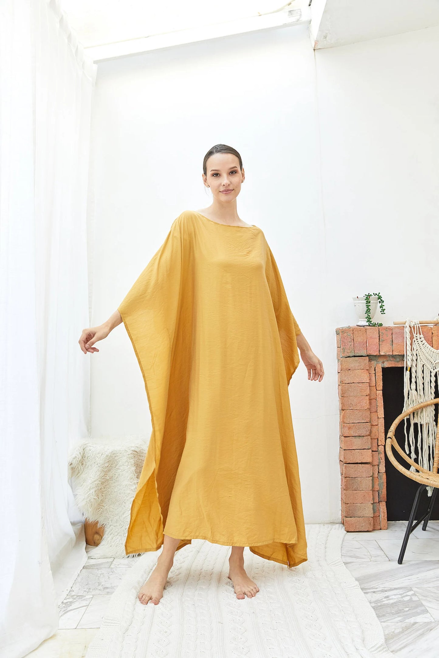 Comfy Gold Silk Japan Kaftan Dress Women Plus Size Dress