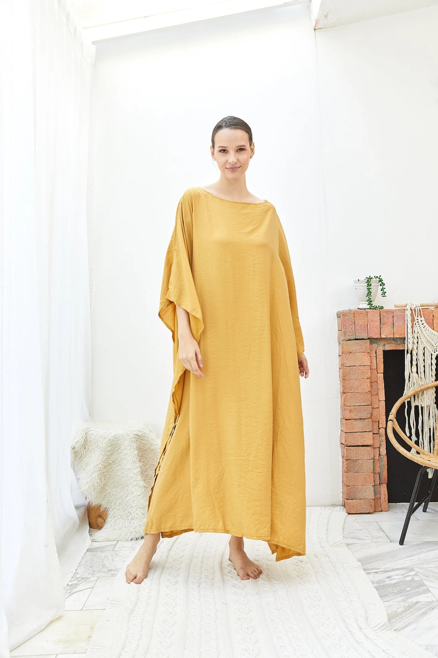 Comfy Gold Silk Japan Kaftan Dress Women Plus Size Dress